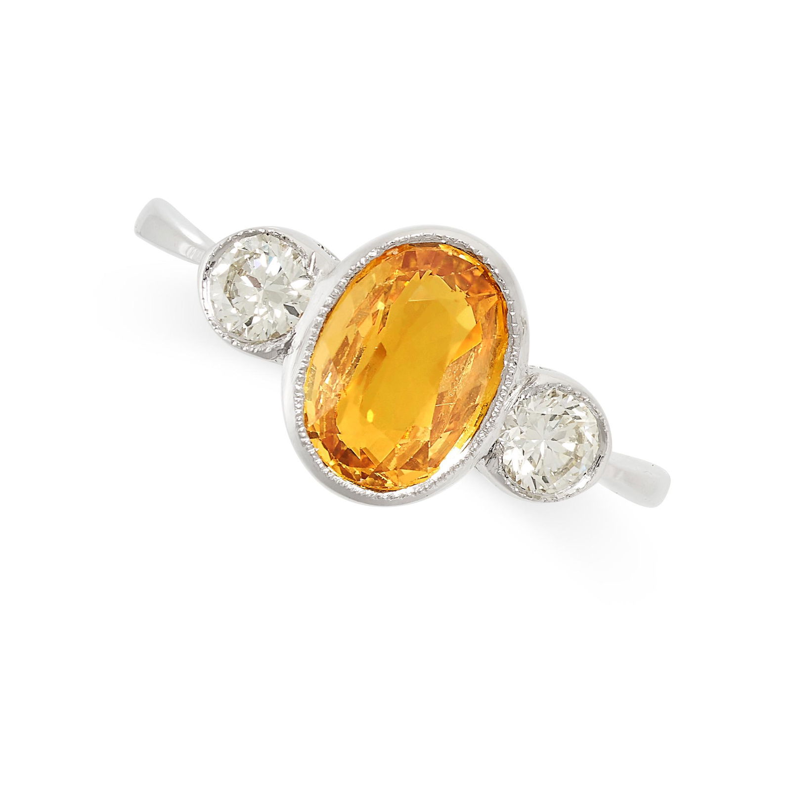 A YELLOW SAPPHIRE AND DIAMOND RING set with an oval cut yellow sapphire of 2.00 carats, between two (1 of 2)