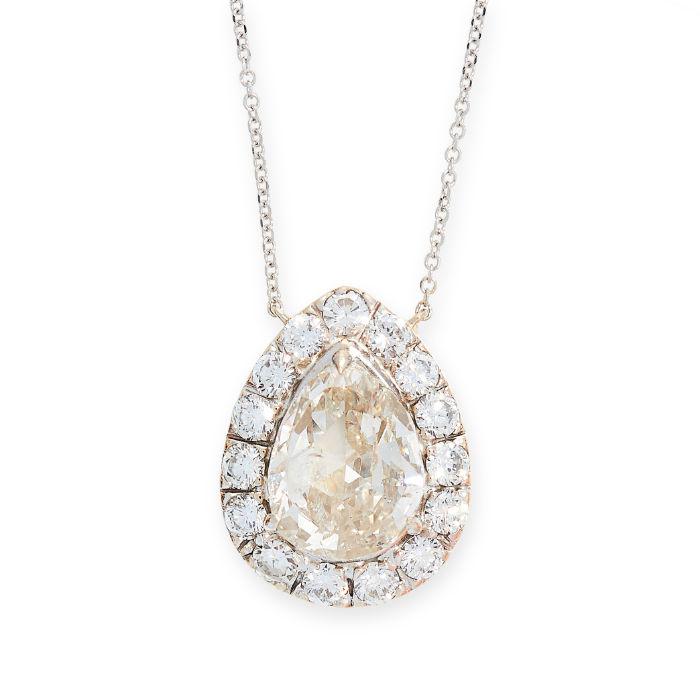 A DIAMOND PENDANT NECKLACE set with a pear shaped diamond of 2.61 carats, within a border of round (1 of 1)
