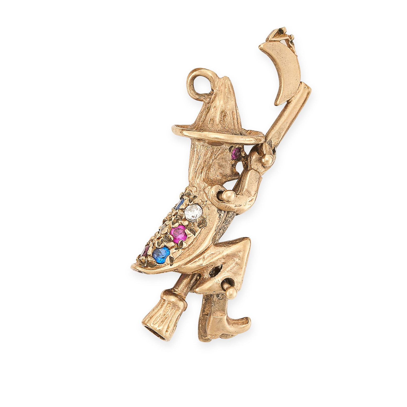A VINTAGE GOLD GEMSET WITCH AND BROOM CHARM/PENDANT in yellow gold, designed as a witch sat on a (1 of 1)