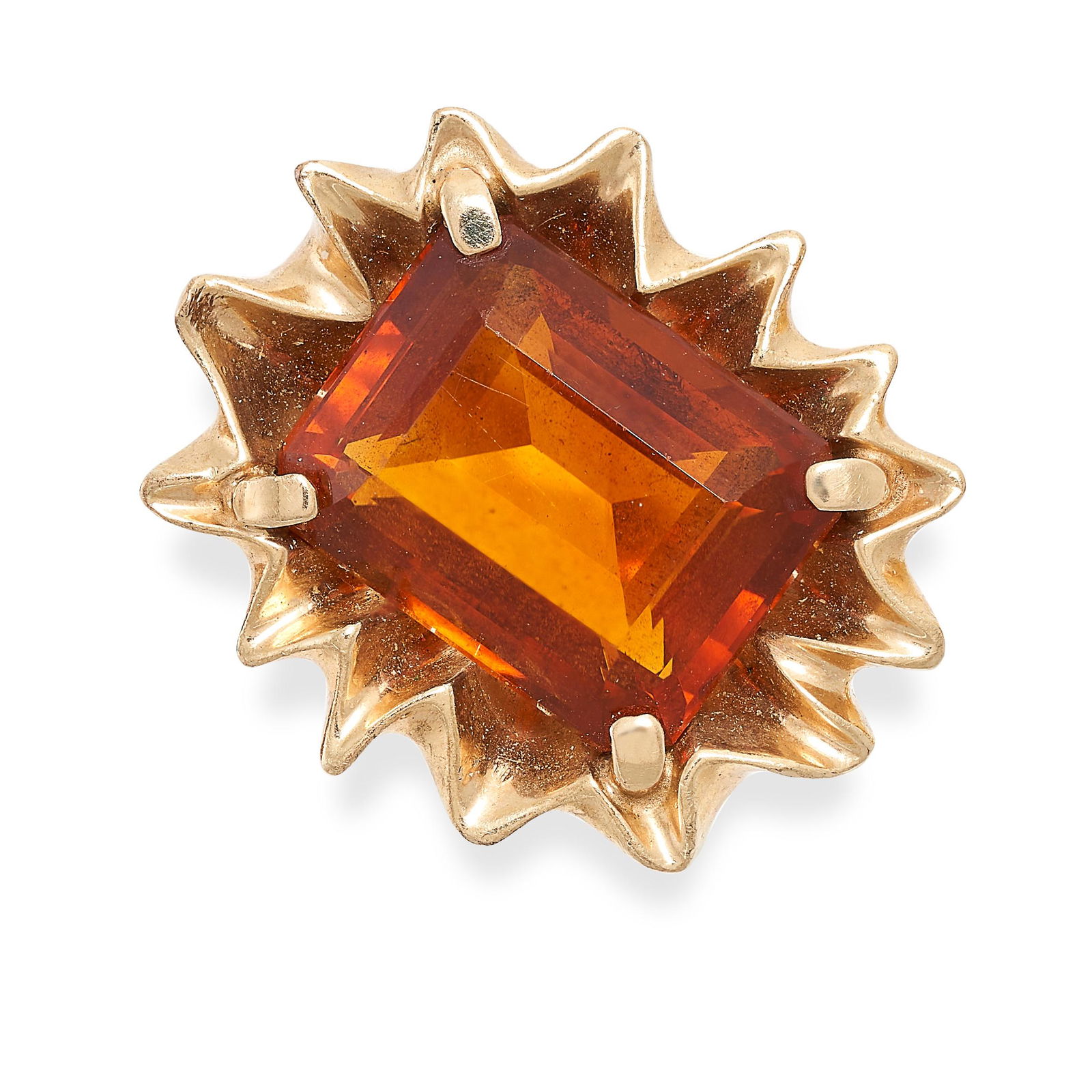 A VINTAGE CITRINE DRESS RING set with an emerald cut citrine in an abstract gold border, stamped: A VINTAGE CITRINE DRESS RING set with an emerald cut citrine in an abstract gold border, stamped 14k, size size J / 4, 11.4g.