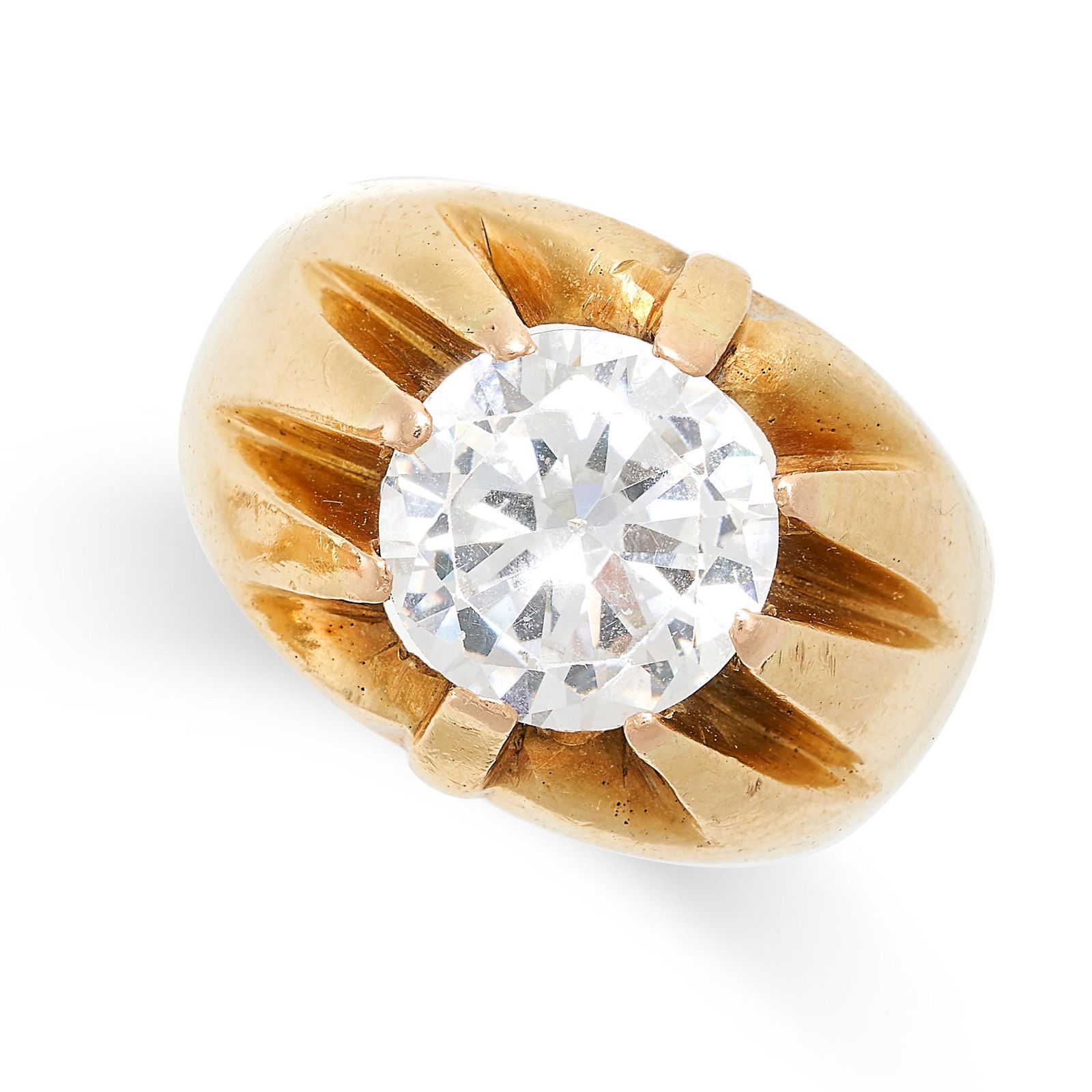 A VINTAGE WHITE GEMSTONE GYPSY RING set with a round cut white gemstone, stamped 18ct, size R / 8, (1 of 2)