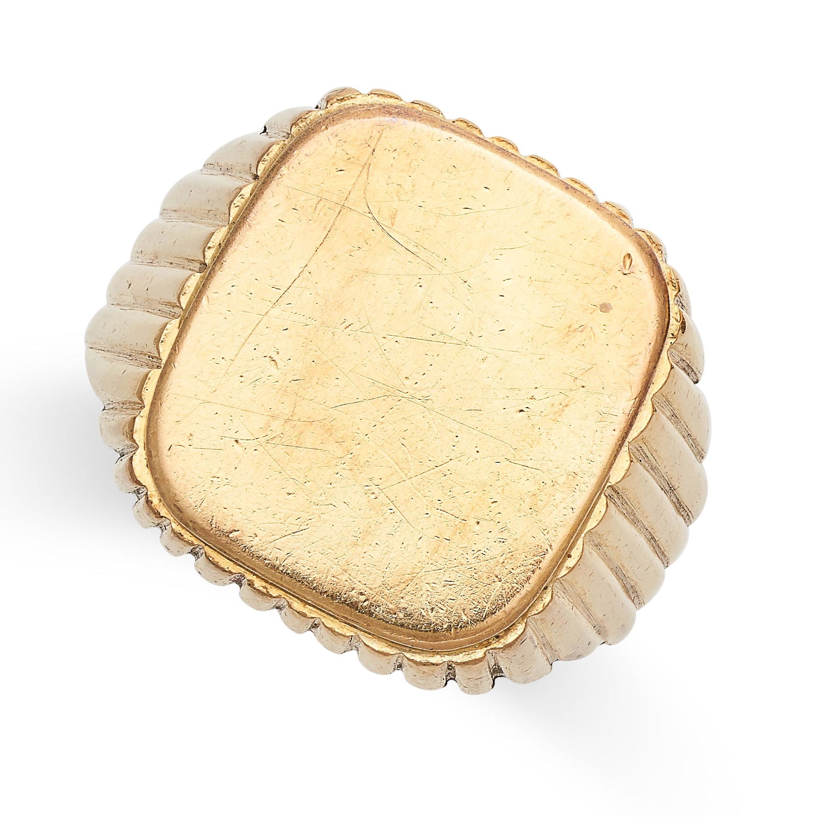 A VINTAGE GOLD SIGNET RING the plain cushion shaped face within a reeded band, stamped K18, size U / (1 of 2)