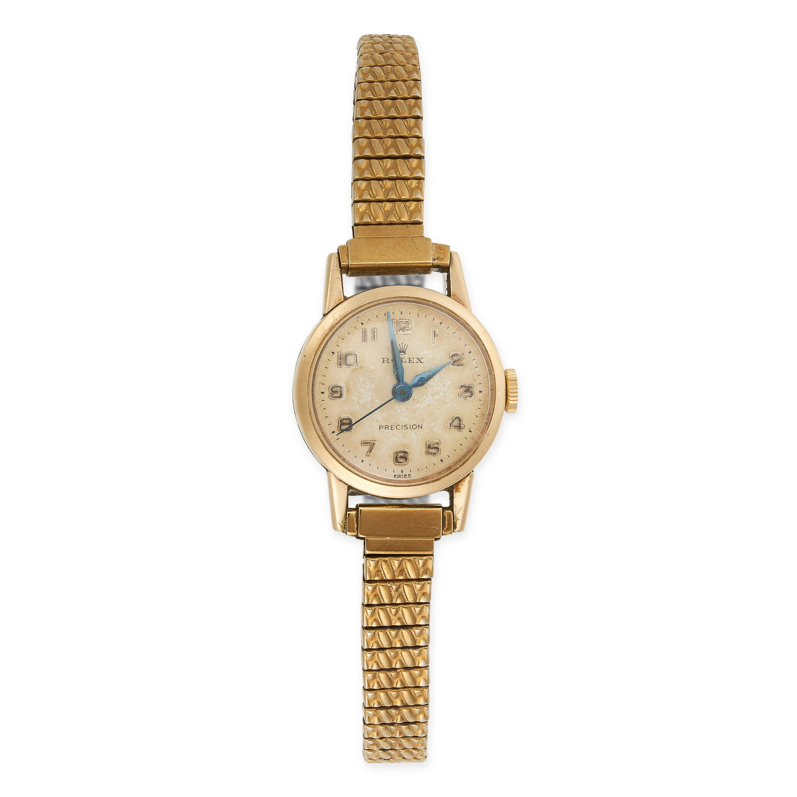 ROLEX, A LADIES GOLD PRECISION WRISTWATCH, 1960S a 9ct gold case to a gold tone stretch strap, inner: ROLEX, A LADIES GOLD PRECISION WRISTWATCH, 1960S a 9ct gold case to a gold tone stretch strap, inner case marked 17243 and stamped 375 with the case stamped DS&S 375 with hallmarks for 9ct gold, 20mm