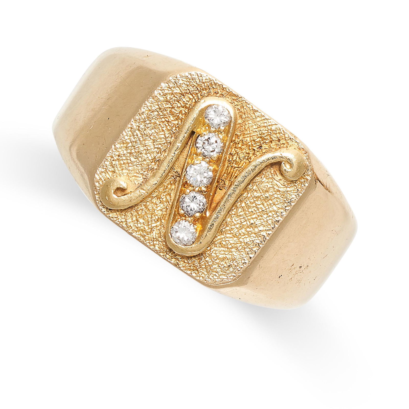 A DIAMOND 'N' INITIAL RING the ring face with an 'N' initial, set with a row of round brilliant cut (1 of 2)