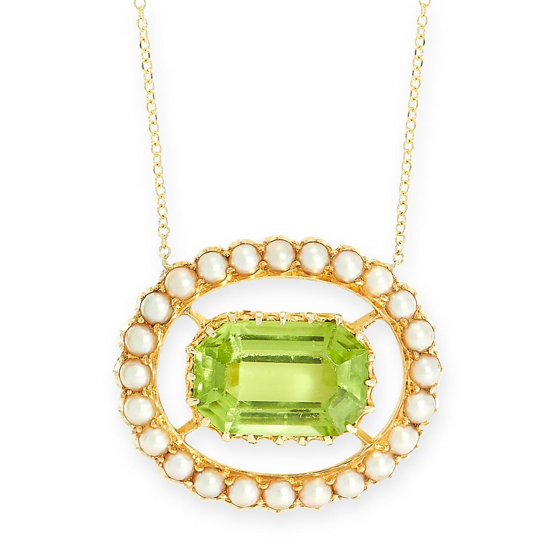 A PERIDOT AND PEARL PENDANT NECKLACE set with a step cut peridot within an oval frame set with half (1 of 1)