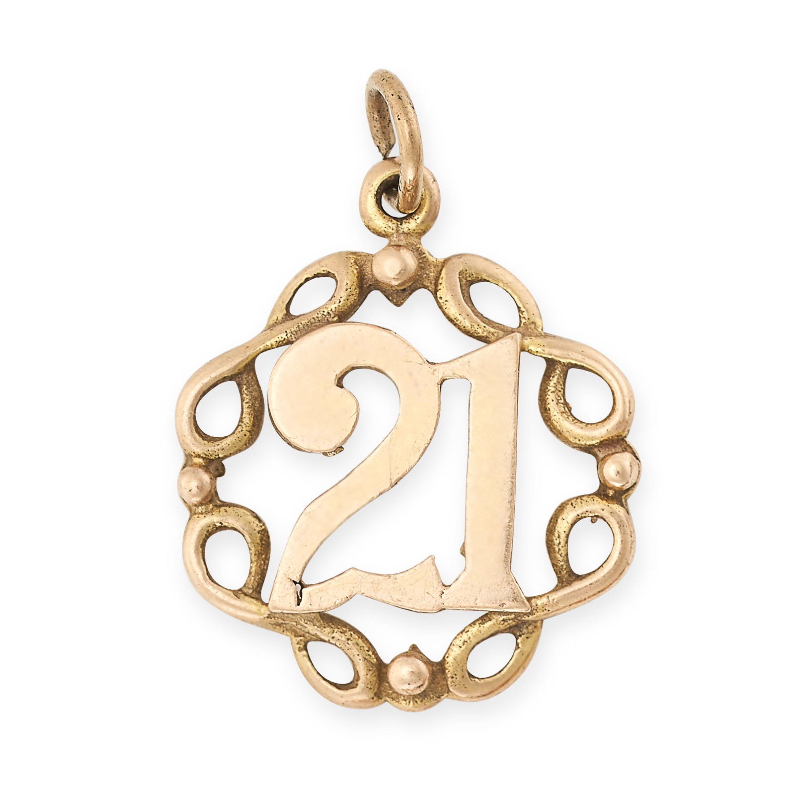 A VINTAGE 21ST BIRTHDAY CHARM/PENDANT in 9ct yellow gold, comprising the number 21 within a scrolled (1 of 1)