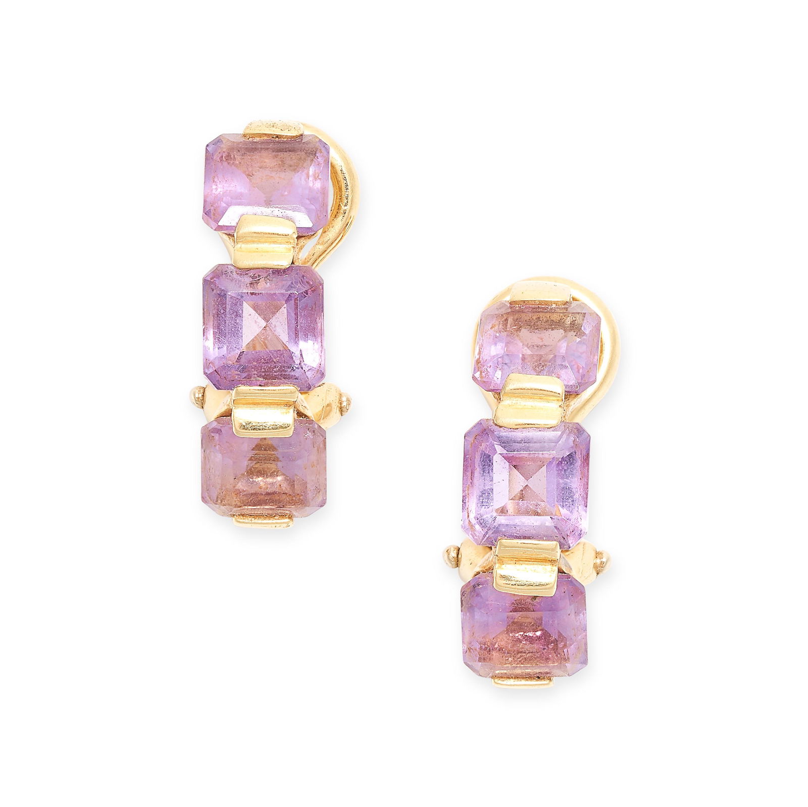 A PAIR OF AMETHYST EARRINGS designed as half hoops, each set with three step cut amethysts, stamped (1 of 2)