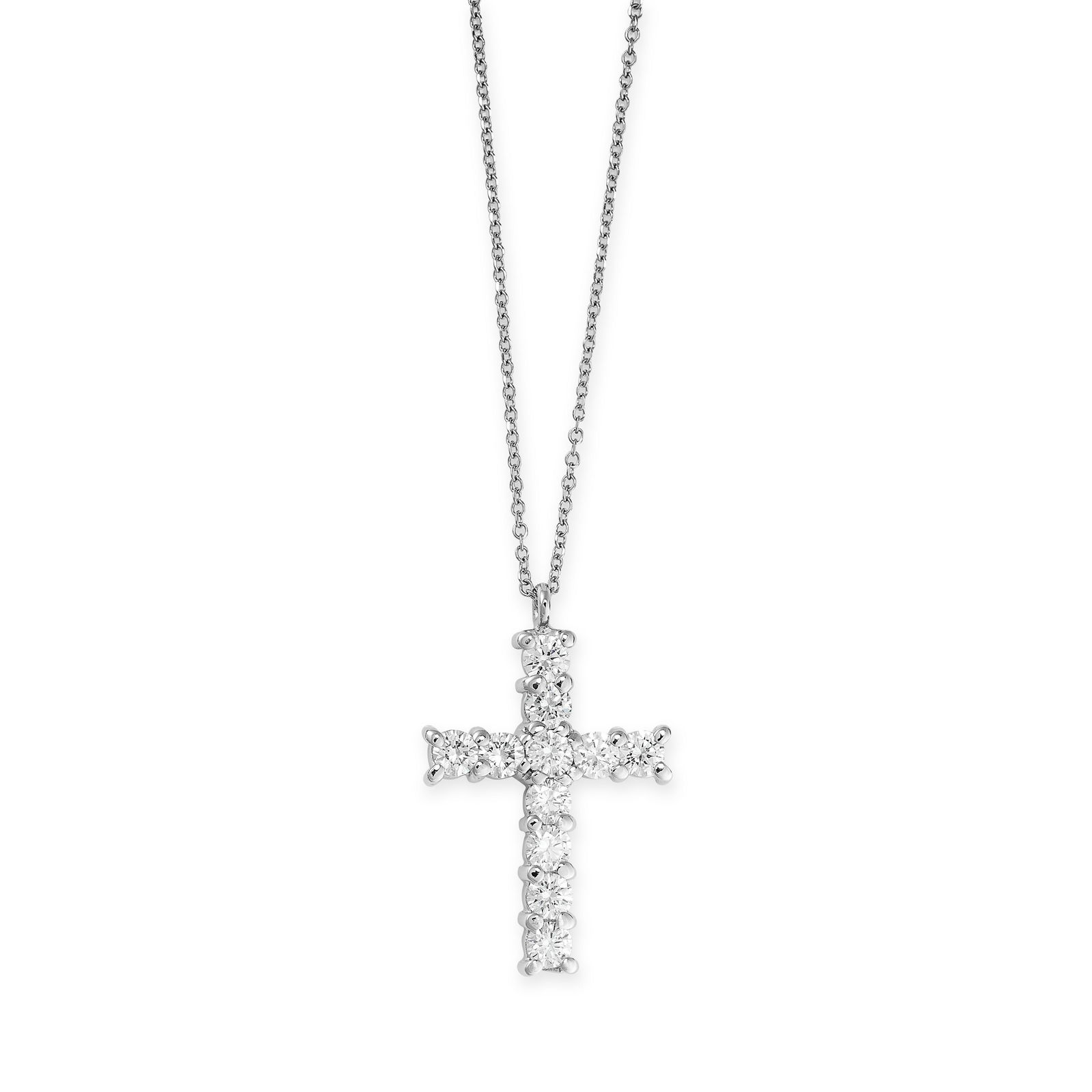 A DIAMOND CROSS PENDANT NECKLACE set with round cut diamonds totalling 0.70 carats, chain stamped (1 of 1)
