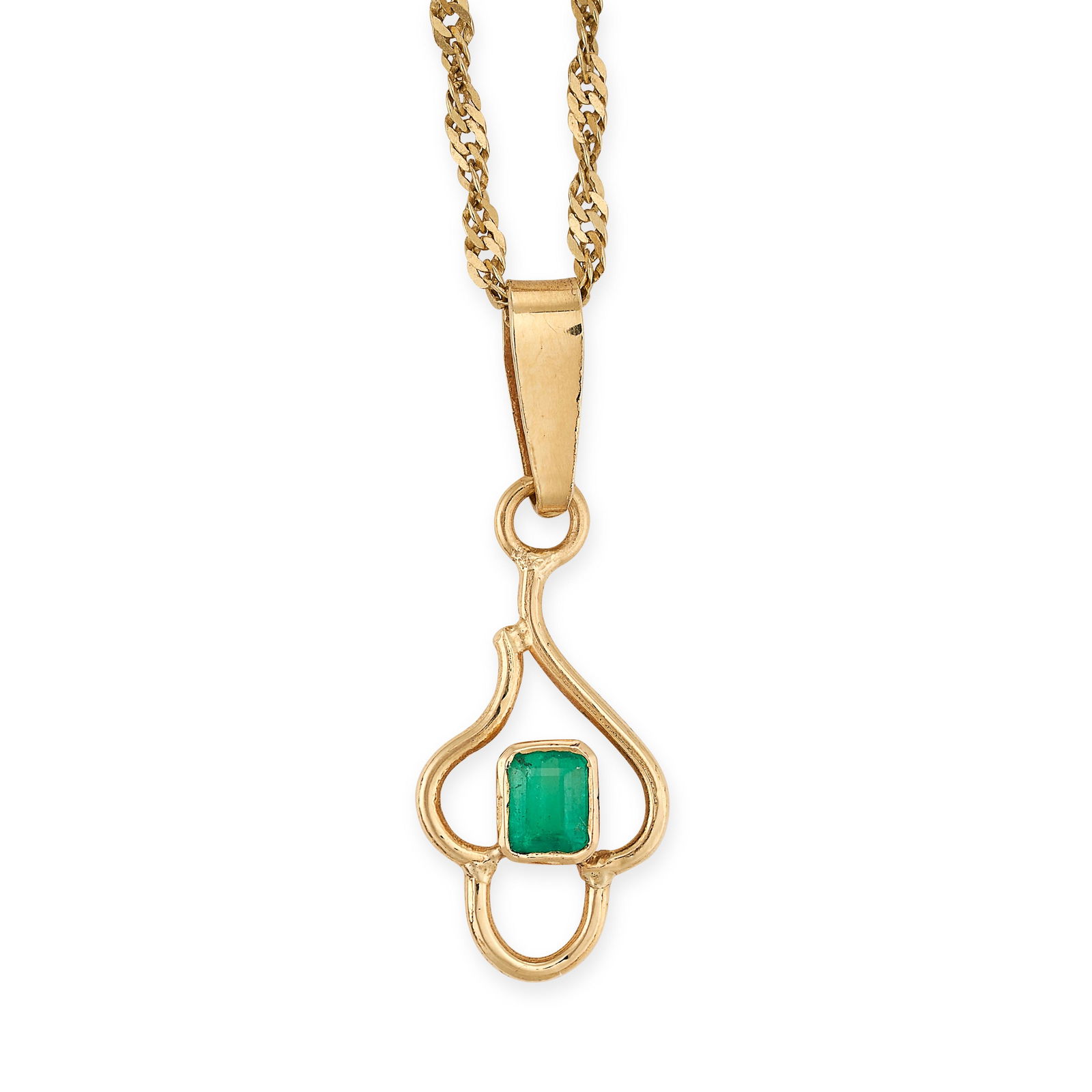 A VINTAGE EMERALD PENDANT AND CHAIN in 18ct yellow gold, set with an emerald cut emerald within (1 of 1)