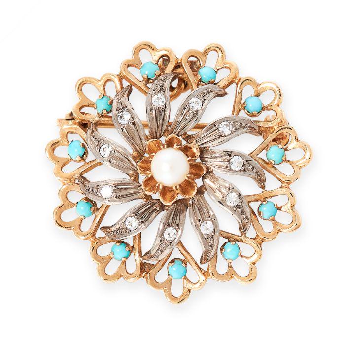 A TURQUOISE, PEARL AND WHITE GEMSTONE BROOCH / PENDANT designed as a flower, set with a central (1 of 1)
