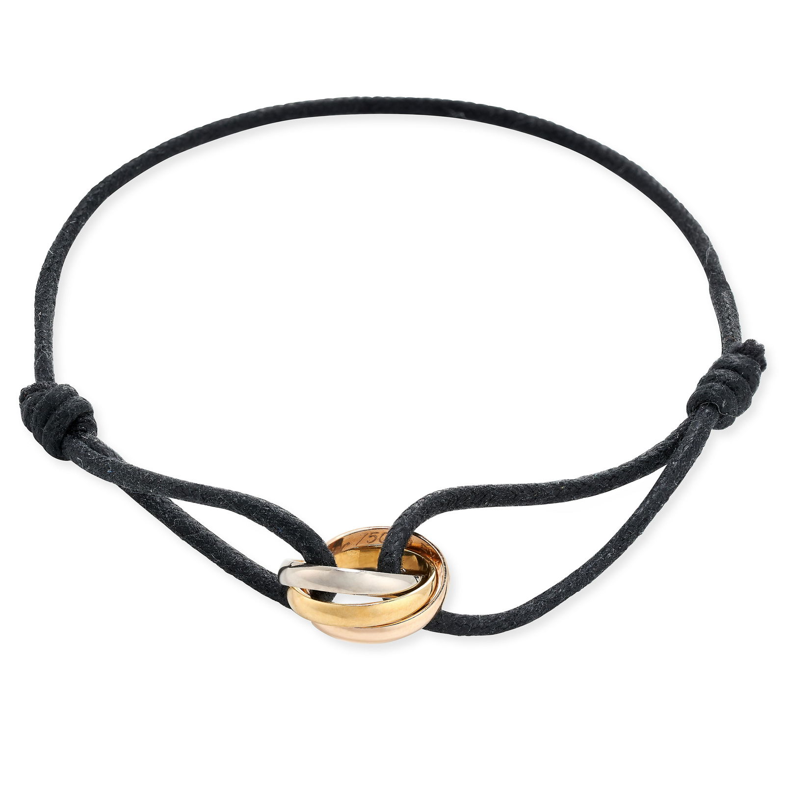 CARTIER, A TRINITY BRACLET in 18ct white, rose and yellow gold, comprising a black cord with a (1 of 2)
