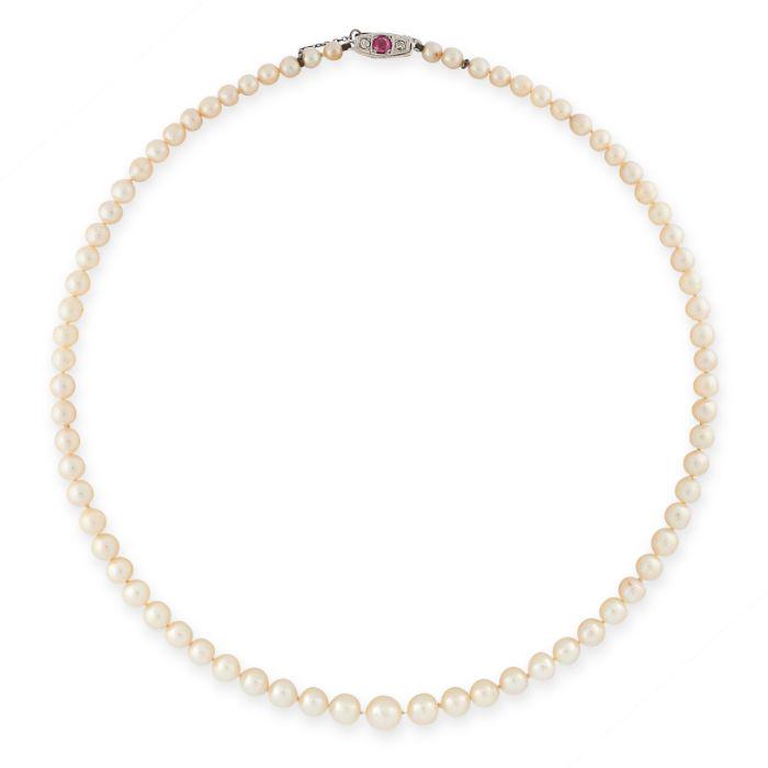 A PEARL, RUBY AND DIAMOND NECKLACE comprising a single row of pearls ranging from 4.6mm to 8.1mm, (1 of 1)