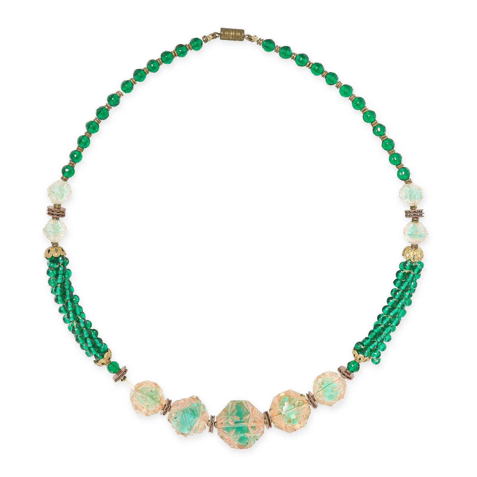 A COLLECTION OF SIX NECKLACES comprising a single row of graduated faux pearls, a painted ceramic (1 of 5)