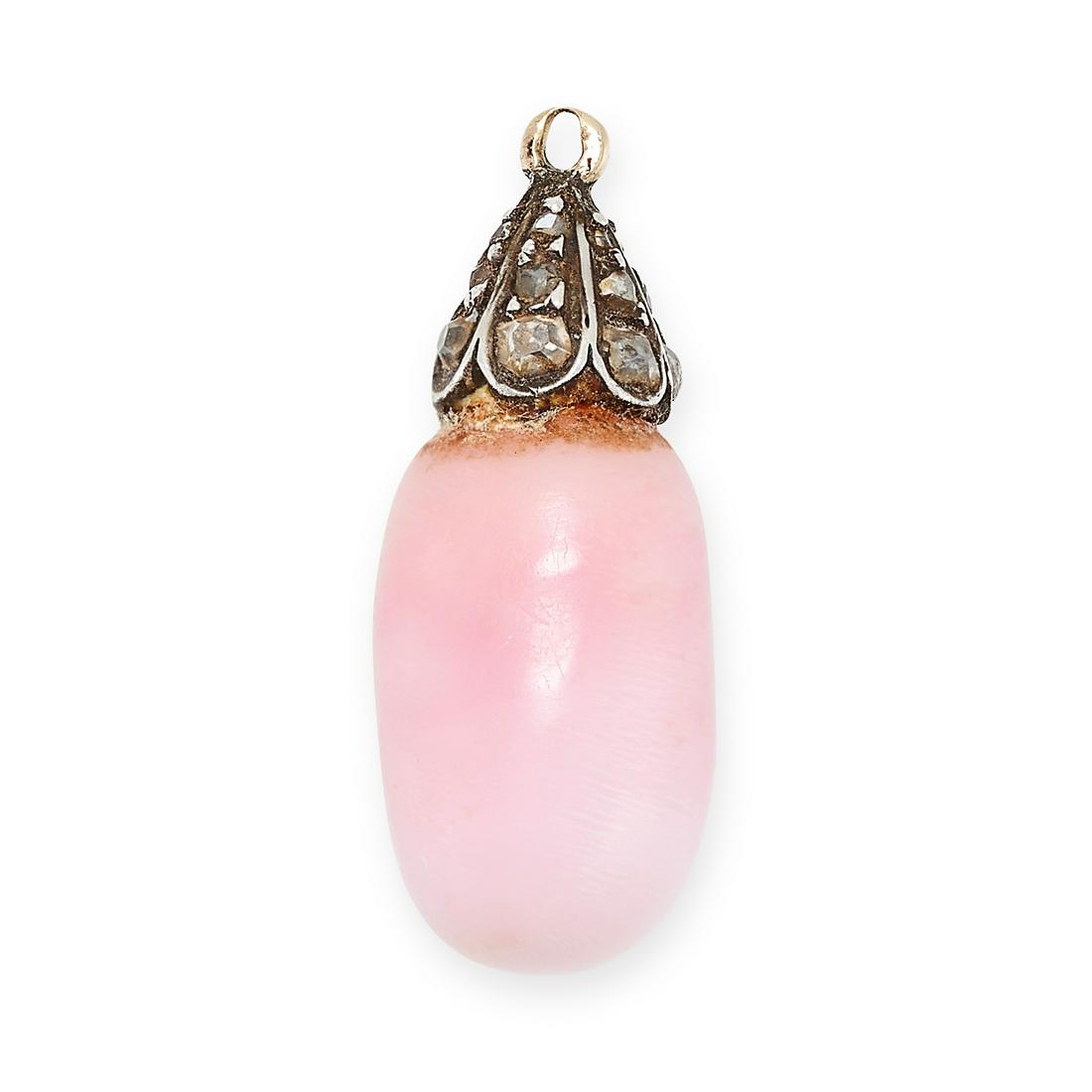 A NATURAL CONCH PEARL PENDANT comprising a pink conch pearl drop of 12.4mm, suspended from a diamond (1 of 1)