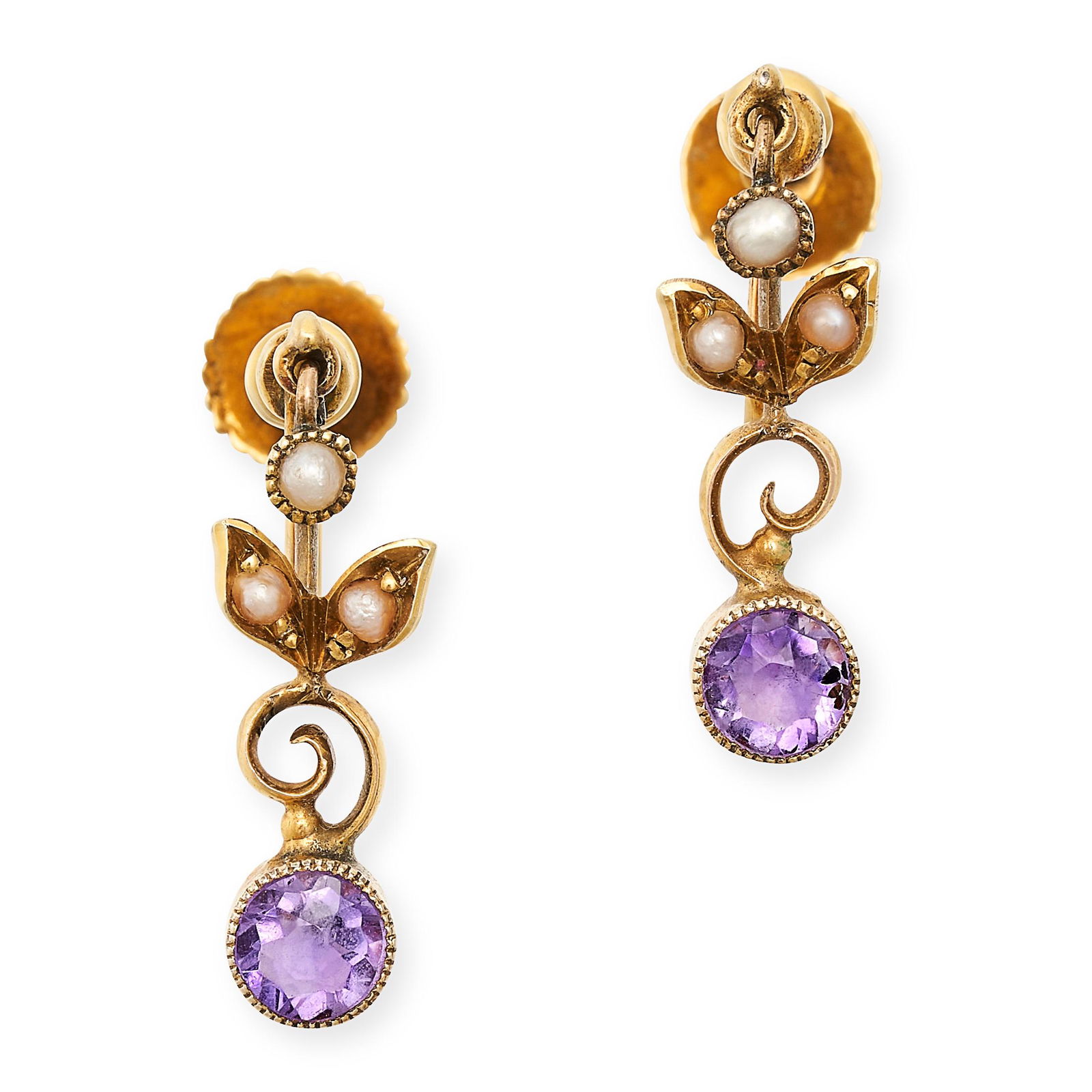 A PAIR OF ANTIQUE AMETHYST AND PEARL EARRINGS in 15ct yellow gold, each suspending a round cut (1 of 1)