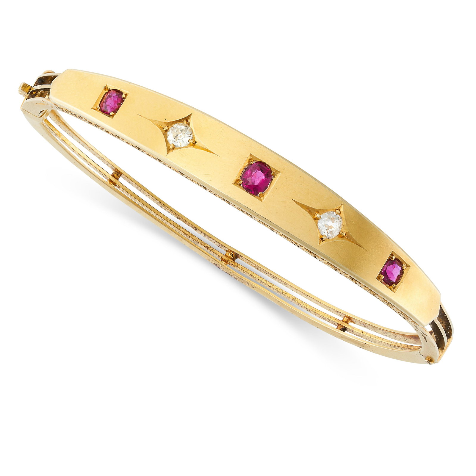 AN ANTIQUE RUBY AND DIAMOND BANGLE, 19TH CENTURY in 15ct yellow gold, set with alternating cushion (1 of 1)