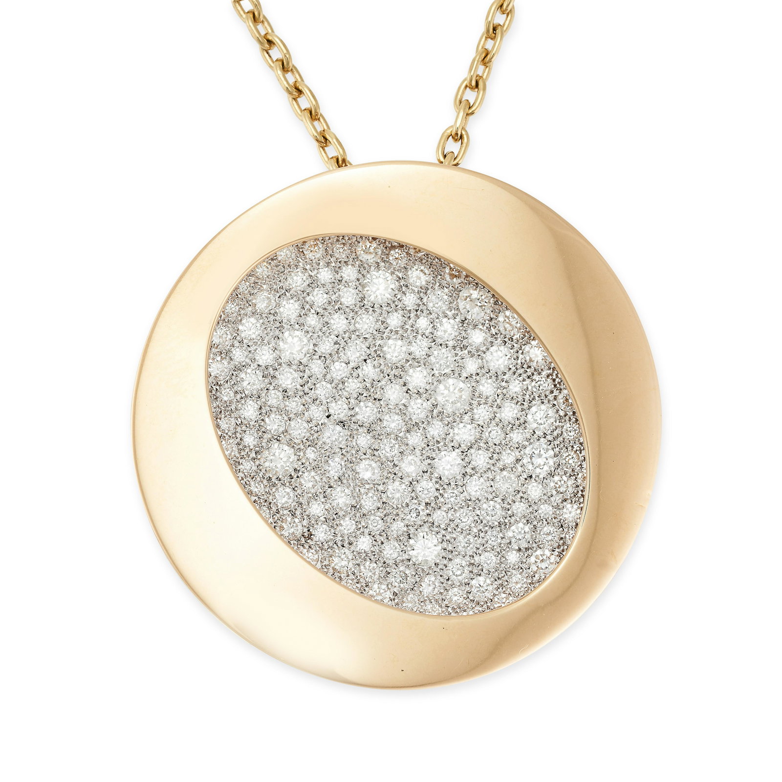 ANTONINI, AN ATOLLI DIAMOND PENDANT NECKLACE in 18ct yellow gold, the circular pendant with an oval: ANTONINI, AN ATOLLI DIAMOND PENDANT NECKLACE in 18ct yellow gold, the circular pendant with an oval aperture reminiscent of the typical shape of an atoll and lagoon, jewelled to the inside with round