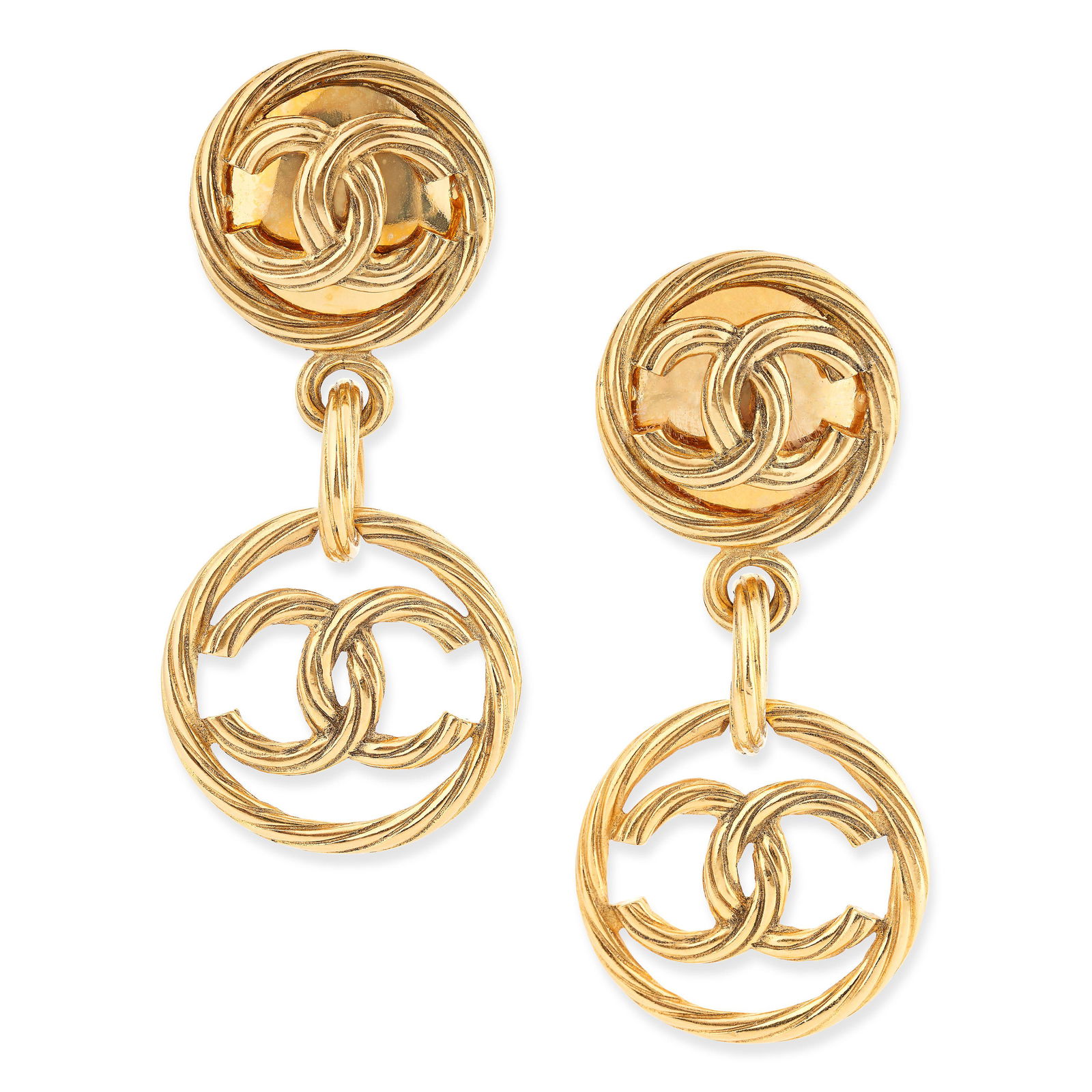 CHANEL, A PAIR OF VINTAGE CC DROP EARRINGS each comprising two interlocking CC motifs within twisted (1 of 1)