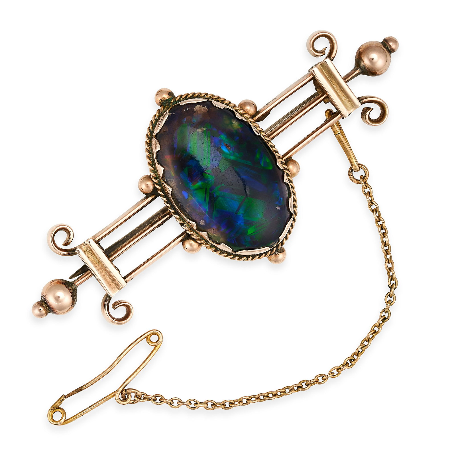 NO RESERVE - A BLACK OPAL BROOCH in 9ct yellow gold, set with a central cabochon black opal of (1 of 1)