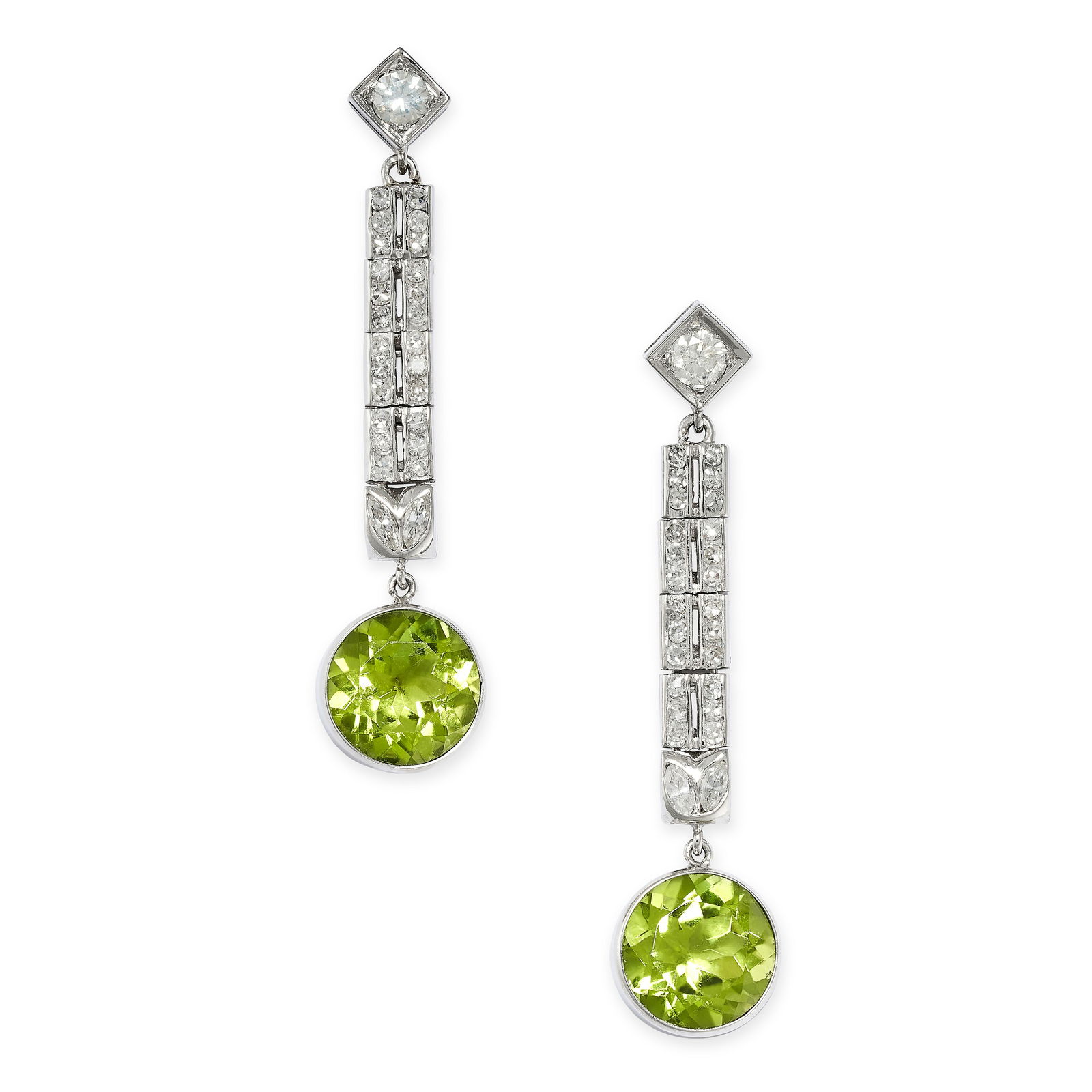 A PAIR OF PERIDOT AND DIAMOND DROP EARRINGS in platinum, each set with a row of round cut diamonds, (1 of 1)
