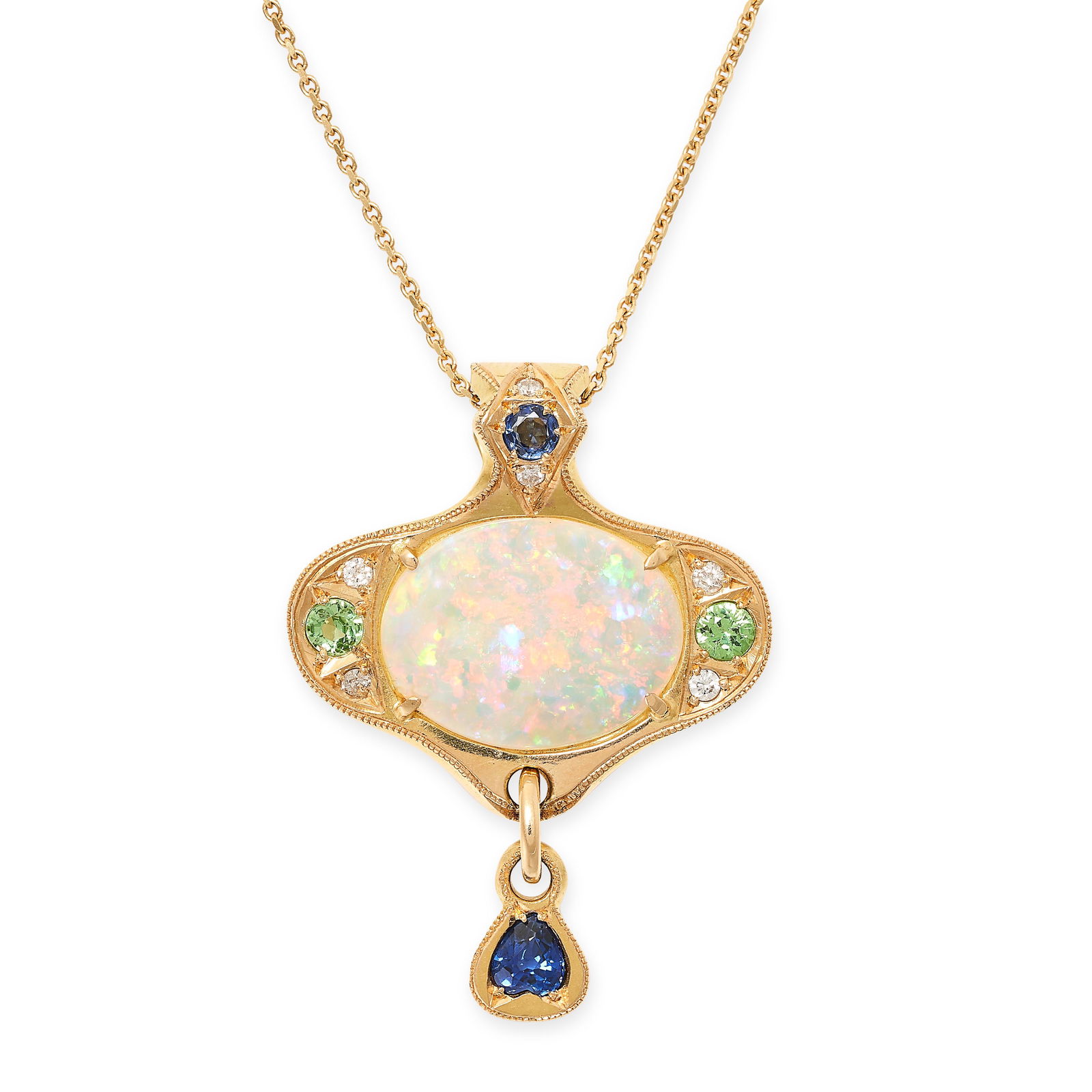 ATELIER NAKA YAMA, AN OPAL, DIAMOND, SAPPHIRE AND GREEN GARNET PENDANT AND CHAIN the pendant set (1 of 1)