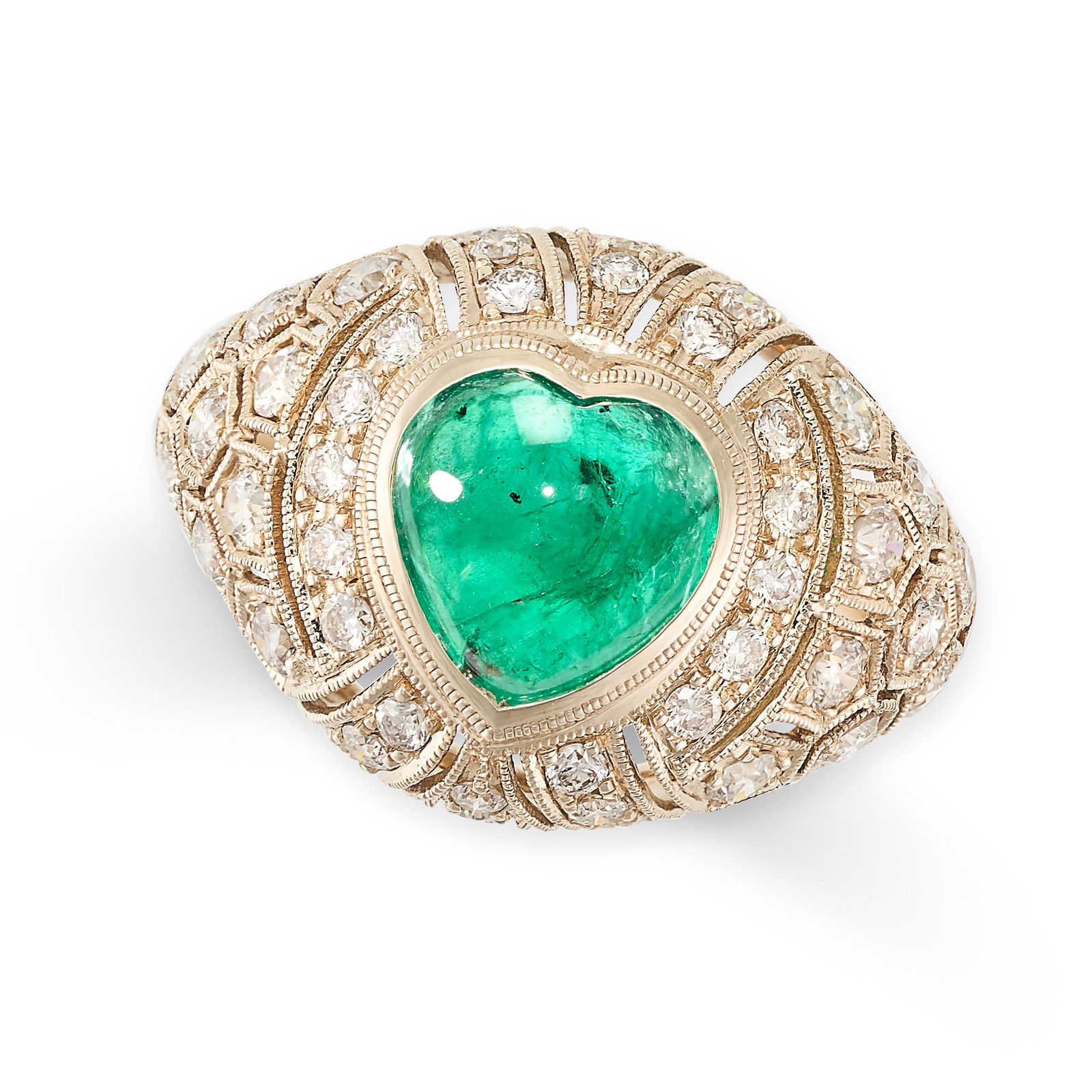 AN EMERALD AND DIAMOND RING in bombe design, set with a central heart shaped cabochon emerald within (1 of 2)