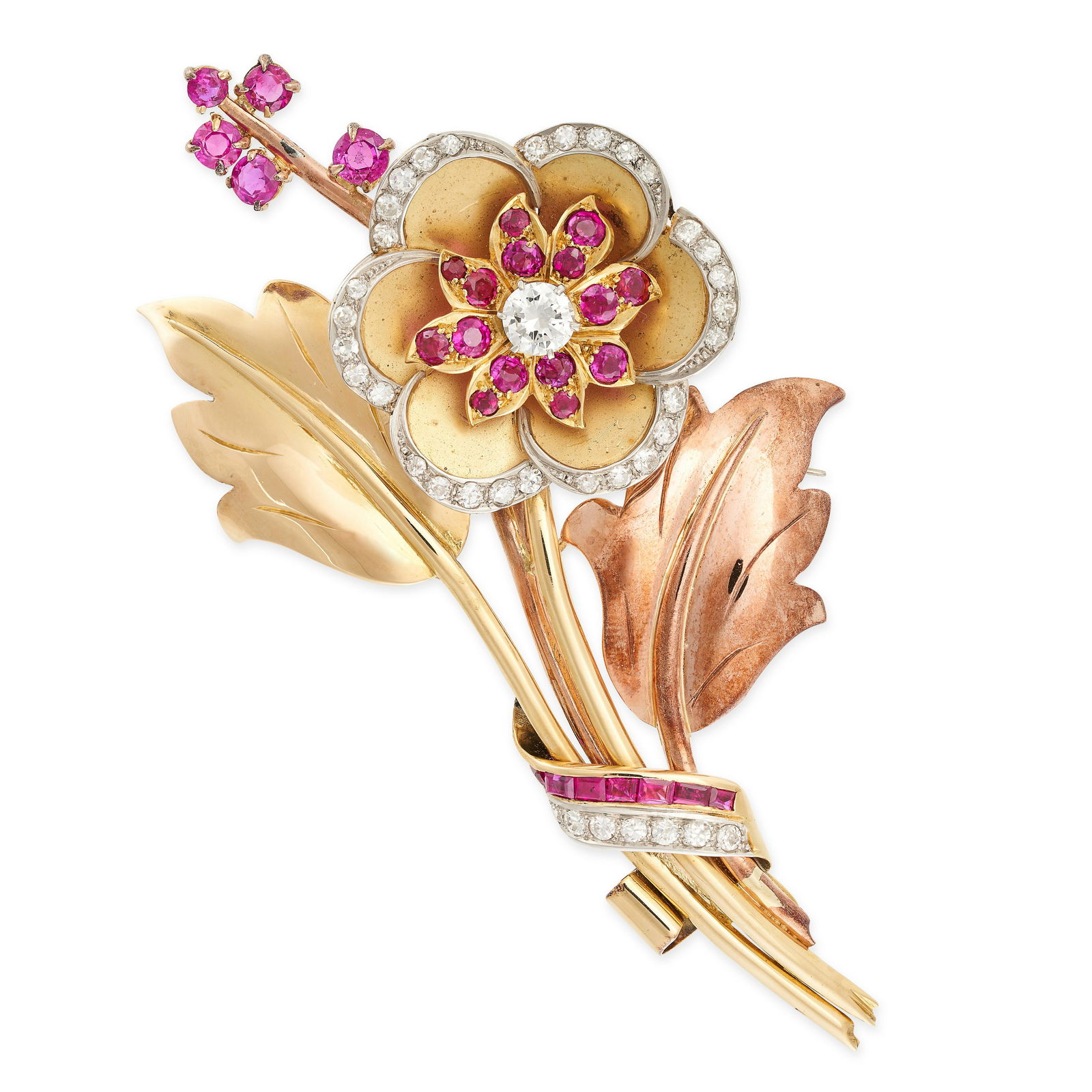 A VINTAGE RUBY AND DIAMOND FLOWER BROOCH in yellow gold, designed as a floral spray, set with old (1 of 1)