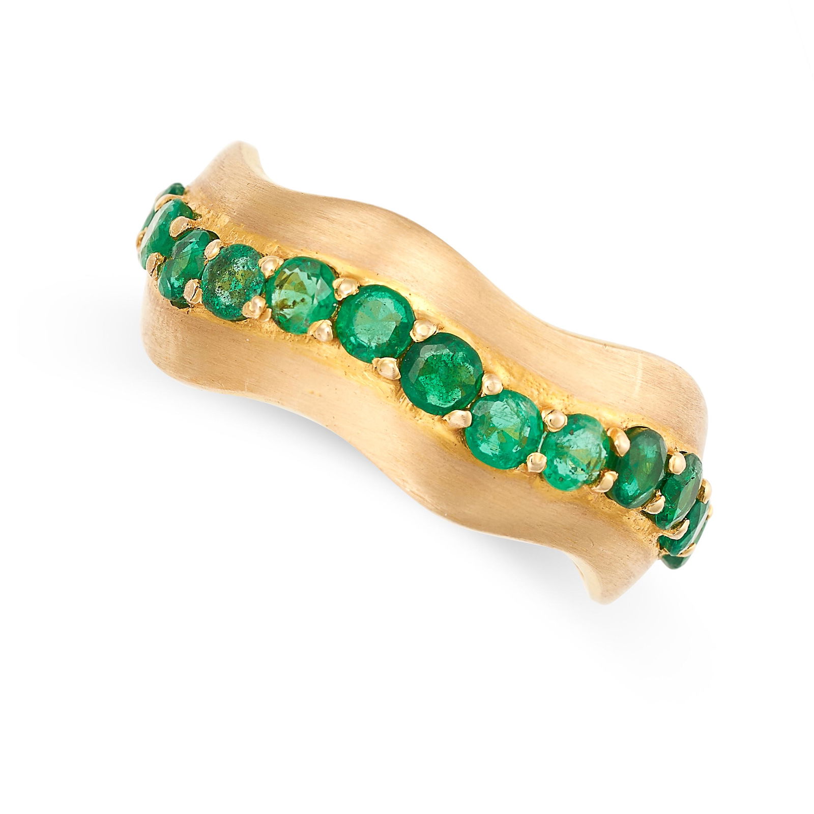 AN EMERALD BAND RING the undulating band set with a row of round cut emeralds totalling 2.8-3.0 (1 of 2)