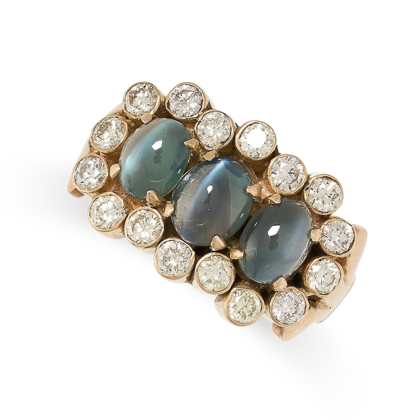 A CAT'S EYE ALEXANDRITE AND DIAMOND DRESS RING set with three cat's eye alexandrite cabochons (1 of 2)