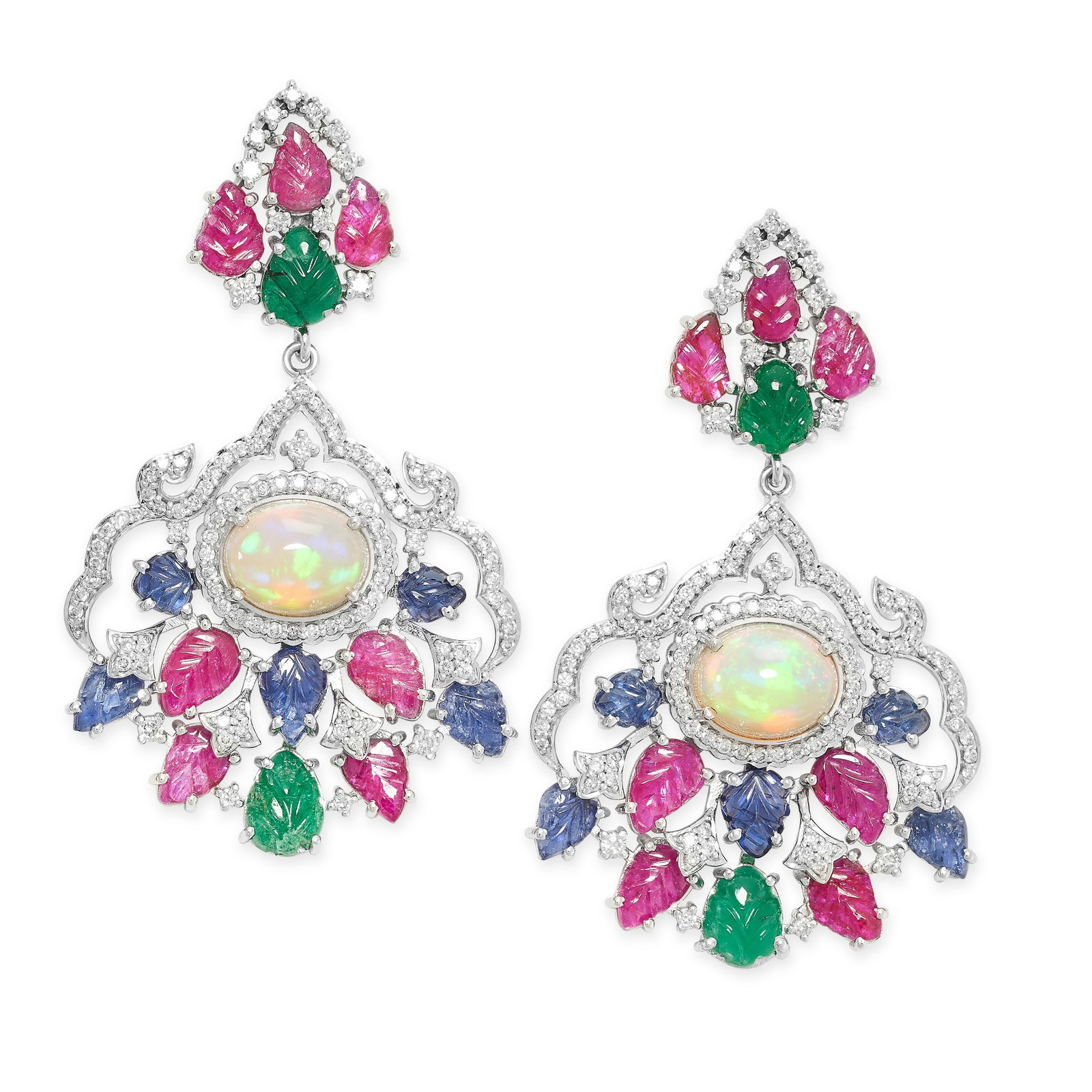 A PAIR OF GEMSET AND DIAMOND EARRINGS the drop comprising a cabochon opal, carved emerald, carved (1 of 1)