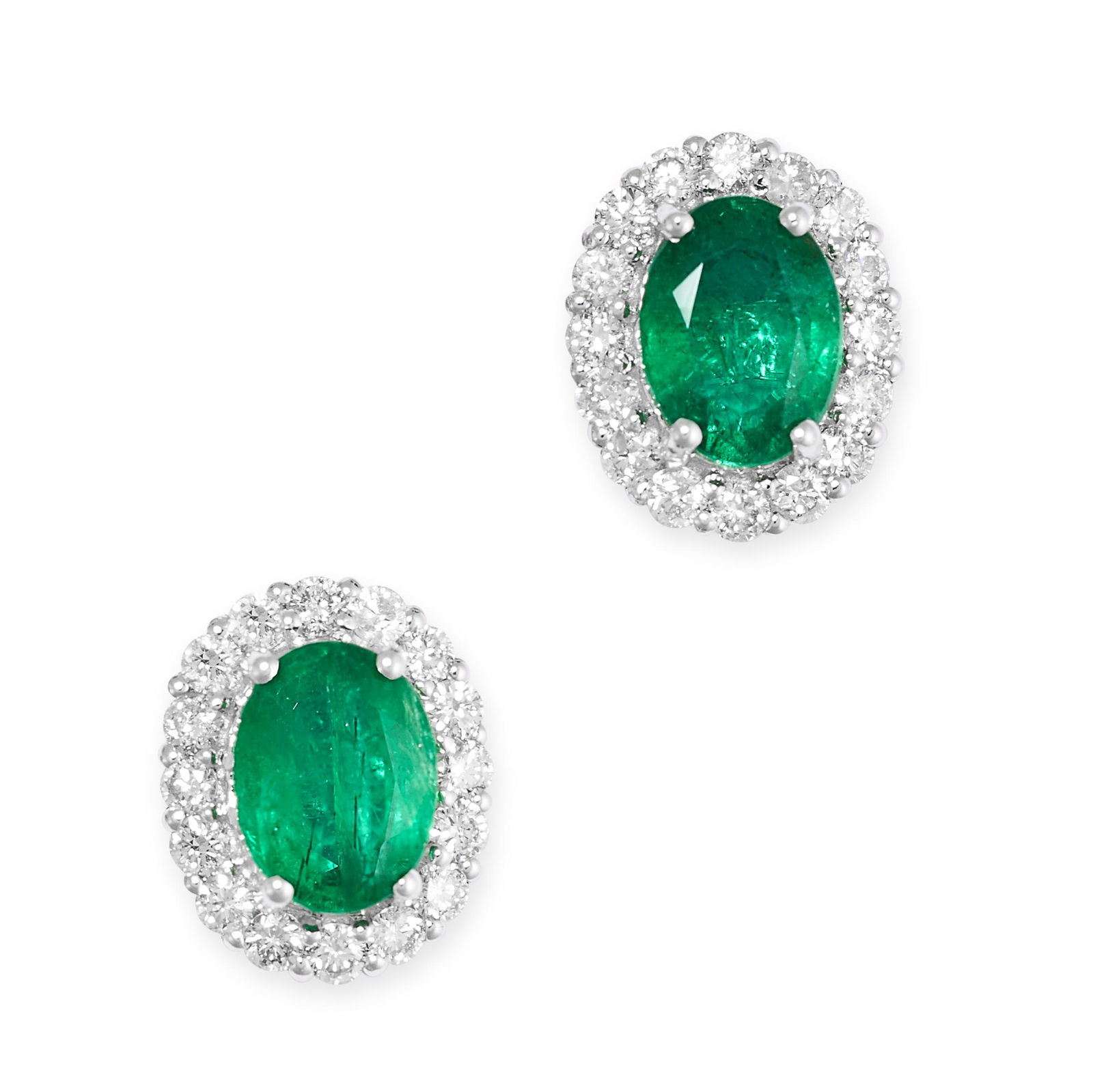 A PAIR OF EMERALD AND DIAMOND CLUSTER EARRINGS each set with an oval cut emerald in a border of (1 of 1)