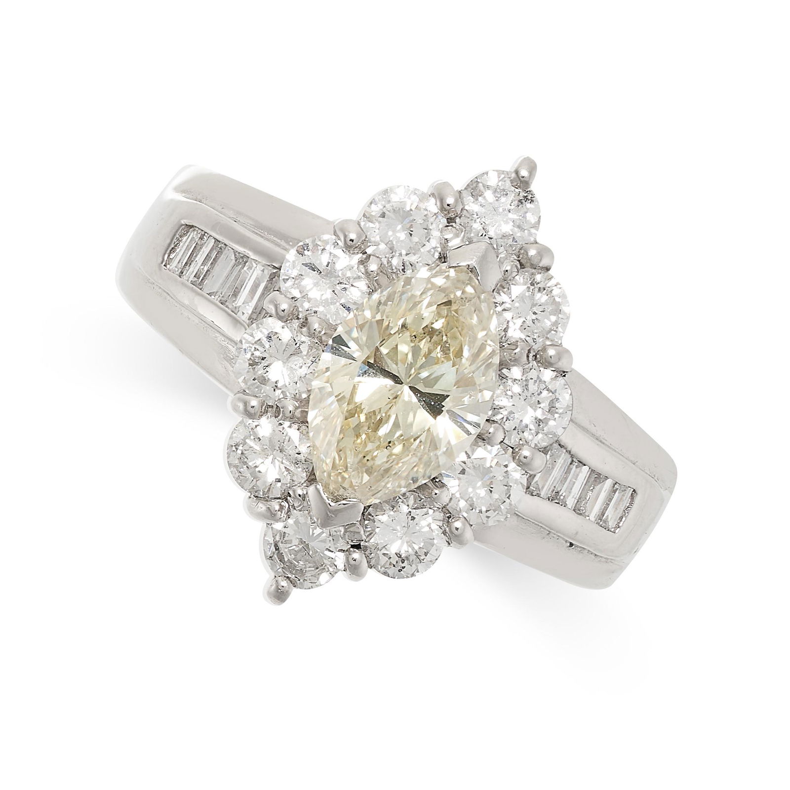 A YELLOW DIAMOND CLUSTER RING in platinum, set with a marquise cut yellow diamond of 1.01 carats, in (1 of 2)
