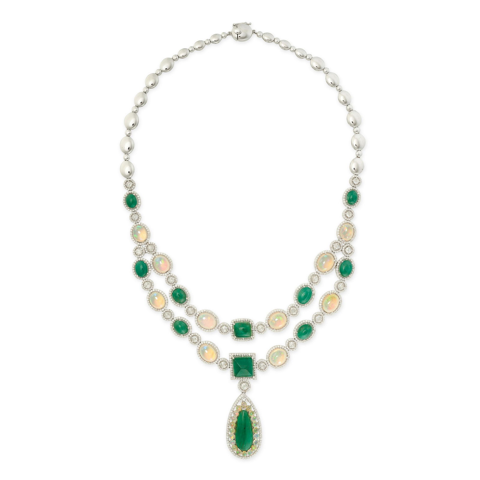AN EMERALD, OPAL AND DIAMOND NECKLACE AND EARRINGS SUITE the necklace comprising two strands of (1 of 2)