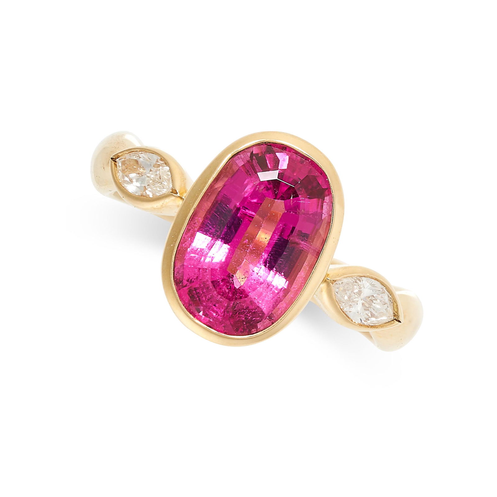 A PINK TOURMALINE AND DIAMOND RING in 18ct yellow gold, set with an oval cut pink tourmaline of 2.36 (1 of 2)