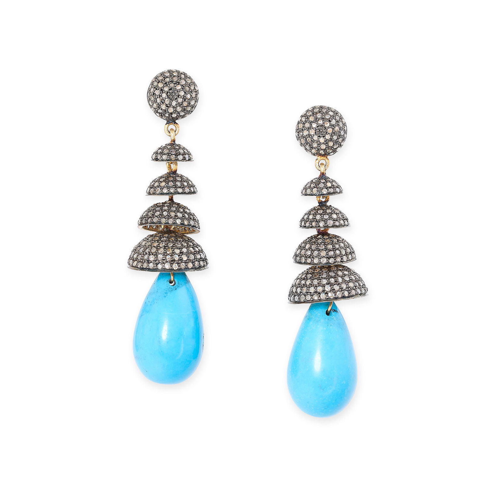 A PAIR OF TURQUOISE AND DIAMOND DROP EARRINGS each set with a drop shaped cabochon turquoise (1 of 1)