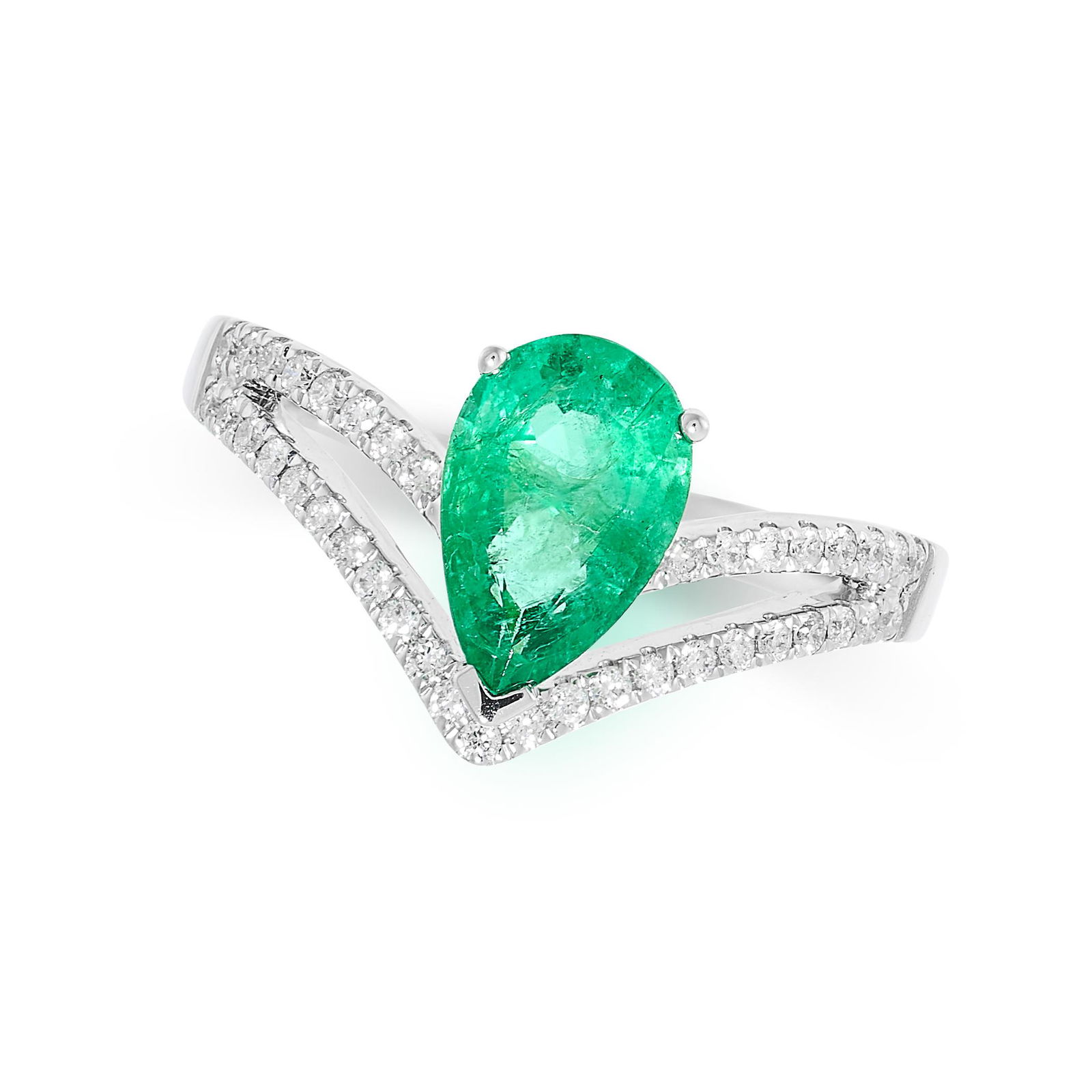 AN EMERALD AND DIAMOND TIARA RING set with a pear cut emerald of 1.09 carats within wishbone motif (1 of 2)
