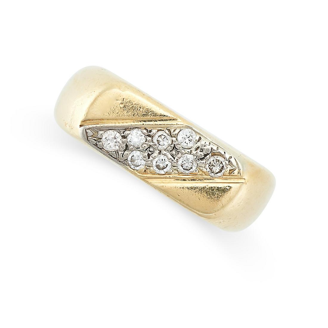 A VINTAGE DIAMOND DRESS RING in yellow gold, set with a central panel of round cut diamonds, no (1 of 2)