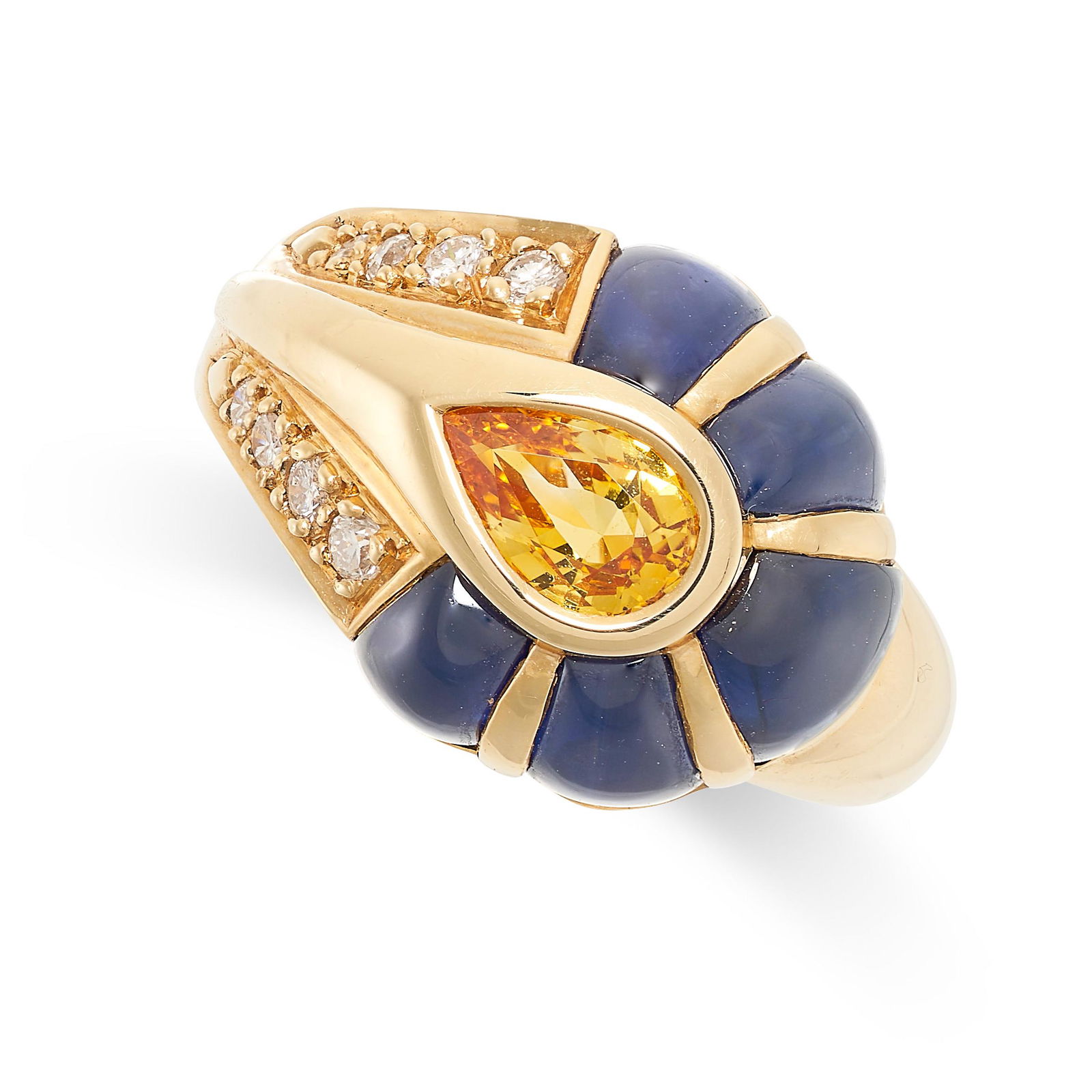 A SAPPHIRE, YELLOW SAPPHIRE AND DIAMOND RING set with a pear cut orange sapphire, accented by (1 of 2)