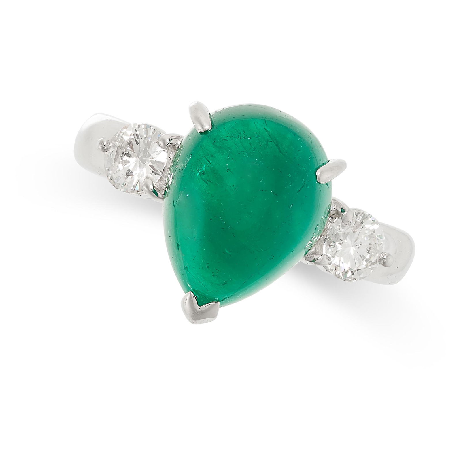 A CABOCHON EMERALD AND DIAMOND RING in platinum, set with a cabochon emerald of 4.91 carats, (1 of 2)