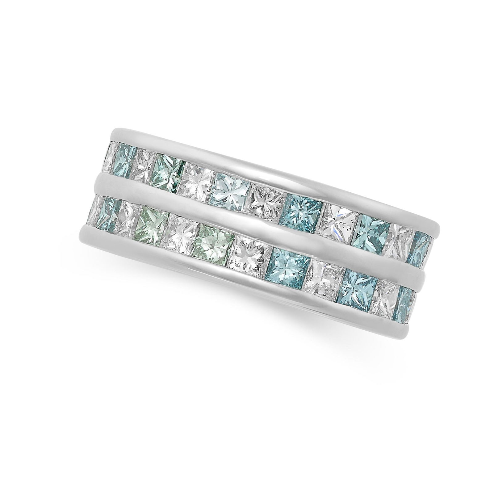 A WHITE AND BLUE DIAMOND ETERNITY RING set with two rows of alternating princess cut blue and white (1 of 2)
