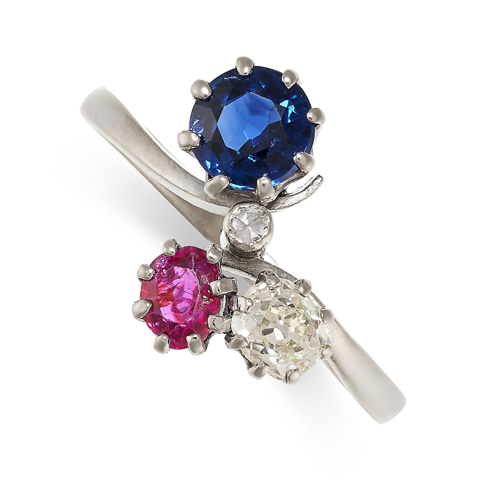 A SAPPHIRE, DIAMOND AND RUBY DRESS RING in 18ct white gold, set with a round cut sapphire, a single (1 of 2)