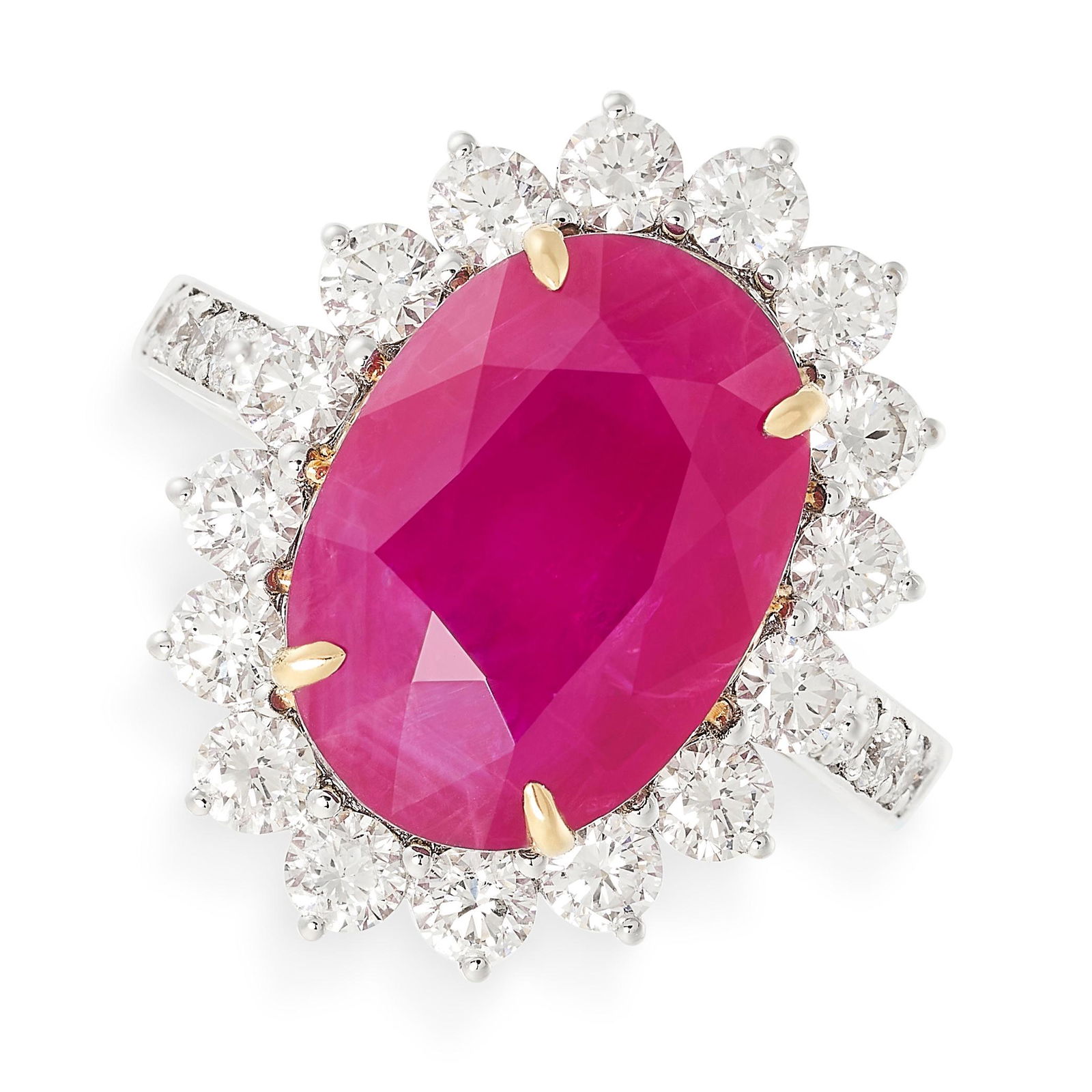 A RUBY AND DIAMOND RING set with an oval cut ruby of 6.97 carats in a cluster of round brilliant cut (1 of 2)