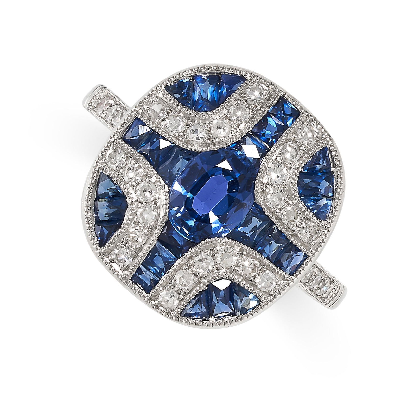 A SAPPHIRE AND DIAMOND DRESS RING set with an oval cut sapphire of 0.55 carats in a stylised cross (1 of 2)