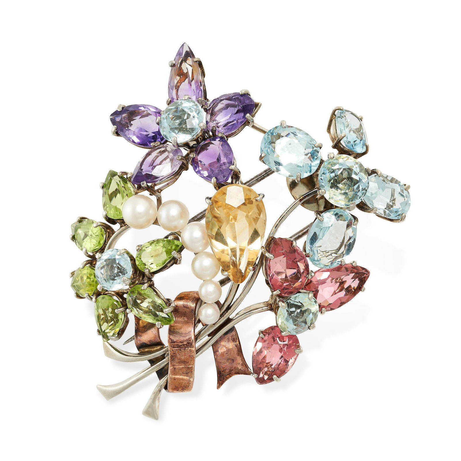 A MULTIGEM SPRAY BROOCH designed as a bouquet of flowers, set with oval and pear cut amethyst, (1 of 1)