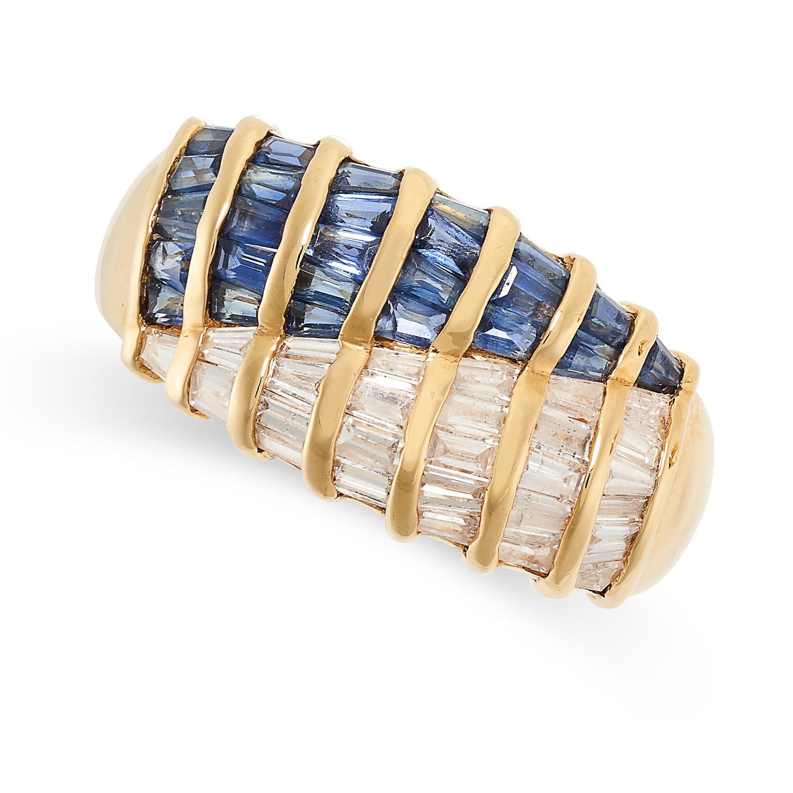 A SAPPHIRE AND DIAMOND RING in crossover design, set with baguette cut sapphires totalling 0.50 (1 of 2)