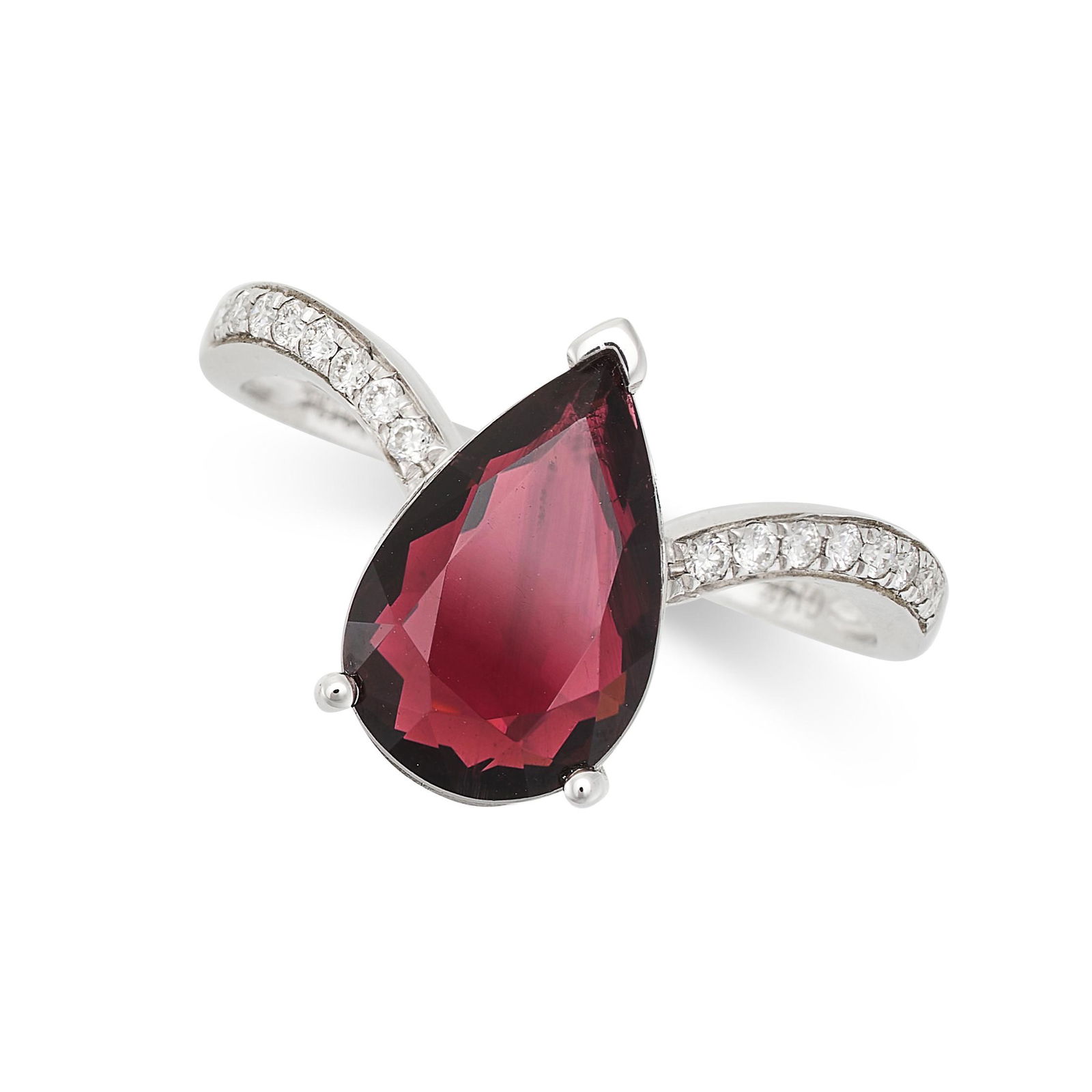 A RUBELLITE TOURMALINE AND DIAMOND RING set with a central pear cut rubellite tourmaline of 2.86 (1 of 2)
