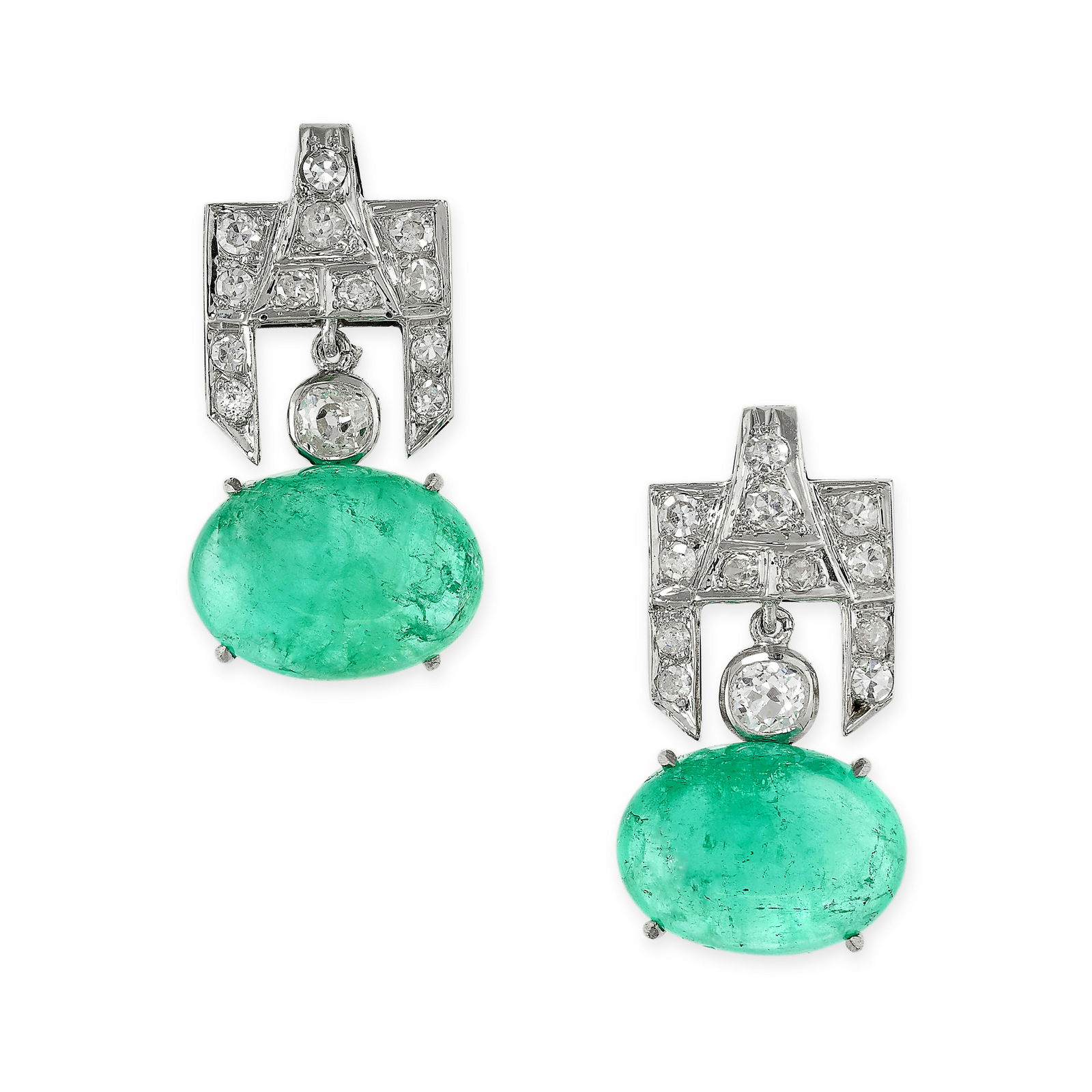 A PAIR OF COLOMBIAN EMERALD AND DIAMOND EARRINGS each set with a cabochon emerald of 5.48 and 4.84 (1 of 1)