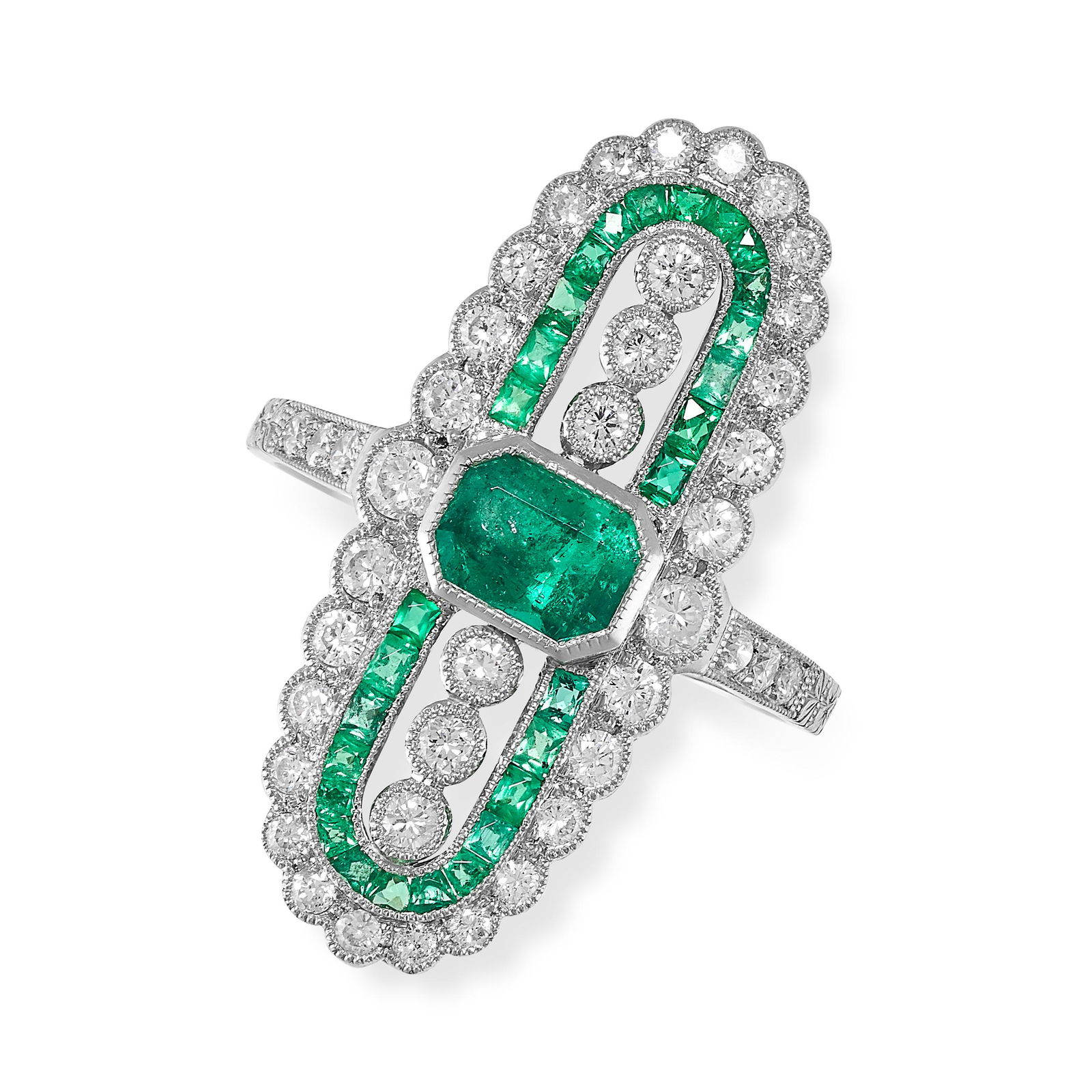 AN EMERALD AND DIAMOND RING the scalloped edged face set with an octagonal cut emerald, accented by (1 of 2)