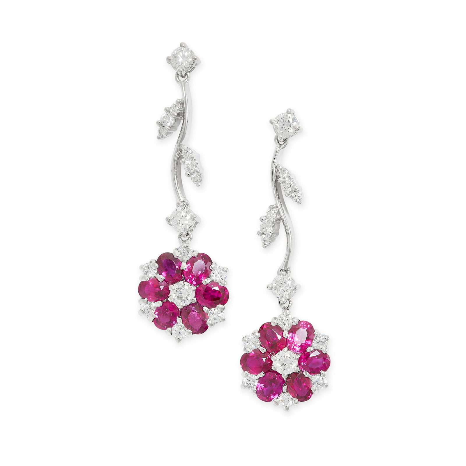A PAIR OF RUBY AND DIAMOND DROP EARRINGS in 18ct white gold, in floral design, set with round cut (1 of 1)