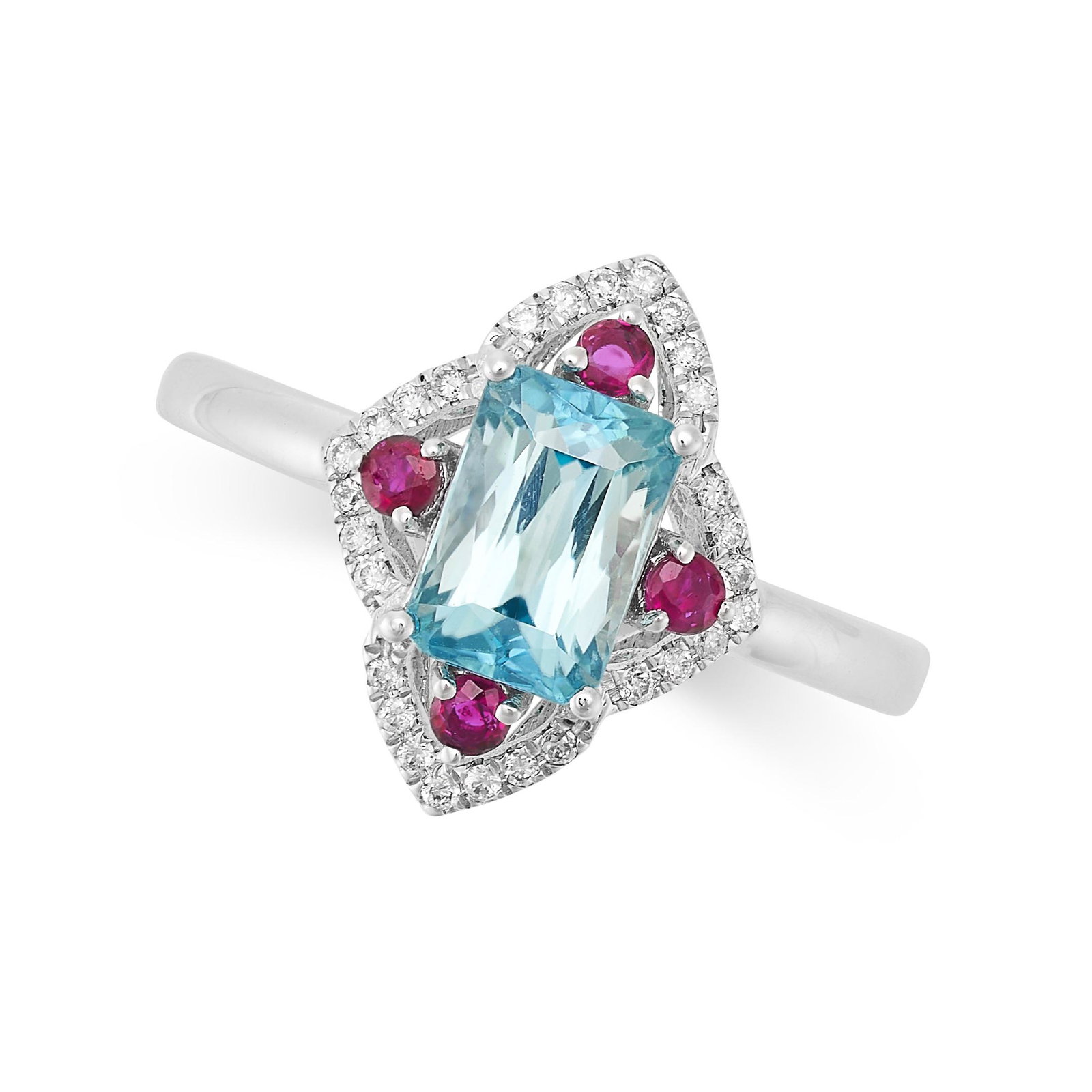 A BLUE ZIRCON, RUBY AND DIAMOND RING in 14ct white gold, set with a central mixed cut zircon of 1.89 (1 of 2)